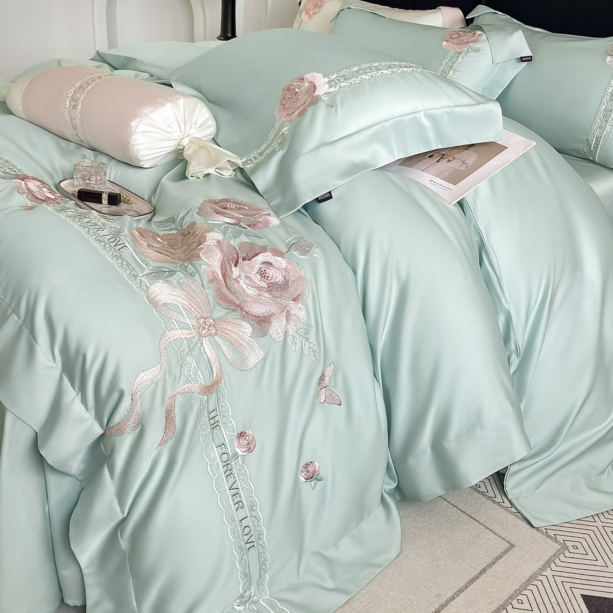 91家纺网 家纺一手货源 找家纺  2026春夏新款轻奢纯色A类长绒棉纯棉全棉重工刺绣被套床单四件套床上用品云栀 云栀-茶绿