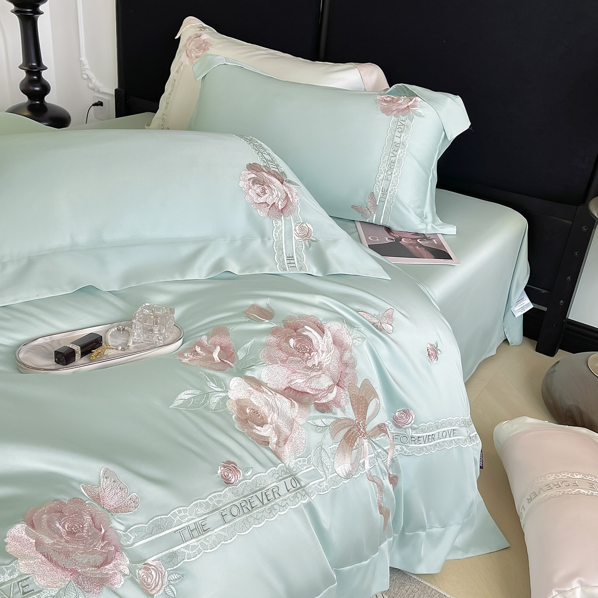 91家纺网 家纺一手货源 找家纺  2026春夏新款轻奢纯色A类长绒棉纯棉全棉重工刺绣被套床单四件套床上用品云栀 云栀-茶绿