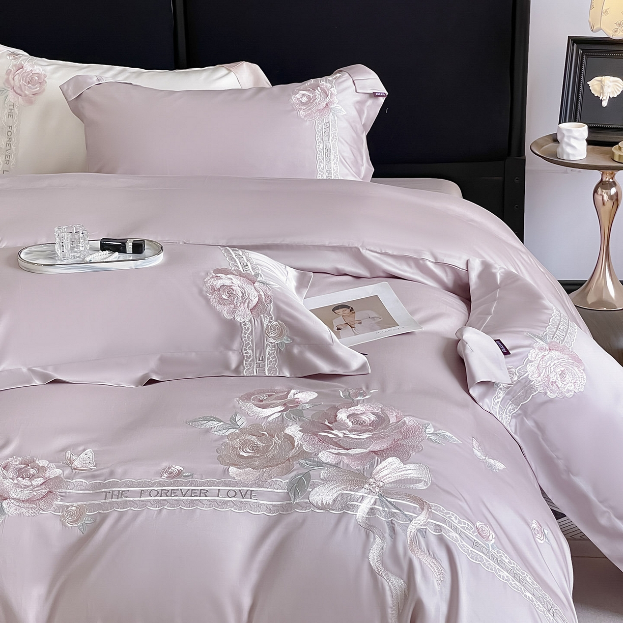 91家纺网 家纺一手货源 找家纺  2026春夏新款轻奢纯色A类长绒棉纯棉全棉重工刺绣被套床单四件套床上用品云栀 云栀-黛紫