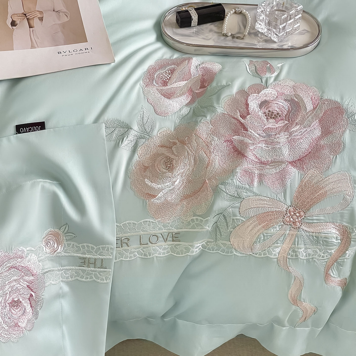 91家纺网 家纺一手货源 找家纺  2026春夏新款轻奢纯色A类长绒棉纯棉全棉重工刺绣被套床单四件套床上用品云栀 云栀-茶绿