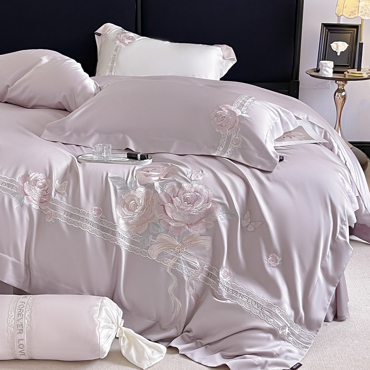 91家纺网 家纺一手货源 找家纺  2026春夏新款轻奢纯色A类长绒棉纯棉全棉重工刺绣被套床单四件套床上用品云栀 云栀-黛紫