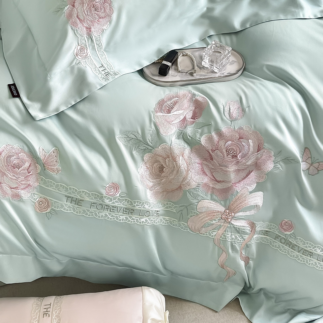 91家纺网 家纺一手货源 找家纺  2026春夏新款轻奢纯色A类长绒棉纯棉全棉重工刺绣被套床单四件套床上用品云栀 云栀-茶绿