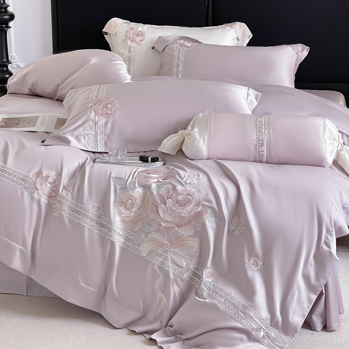 91家纺网 家纺一手货源 找家纺  2026春夏新款轻奢纯色A类长绒棉纯棉全棉重工刺绣被套床单四件套床上用品云栀 云栀-黛紫