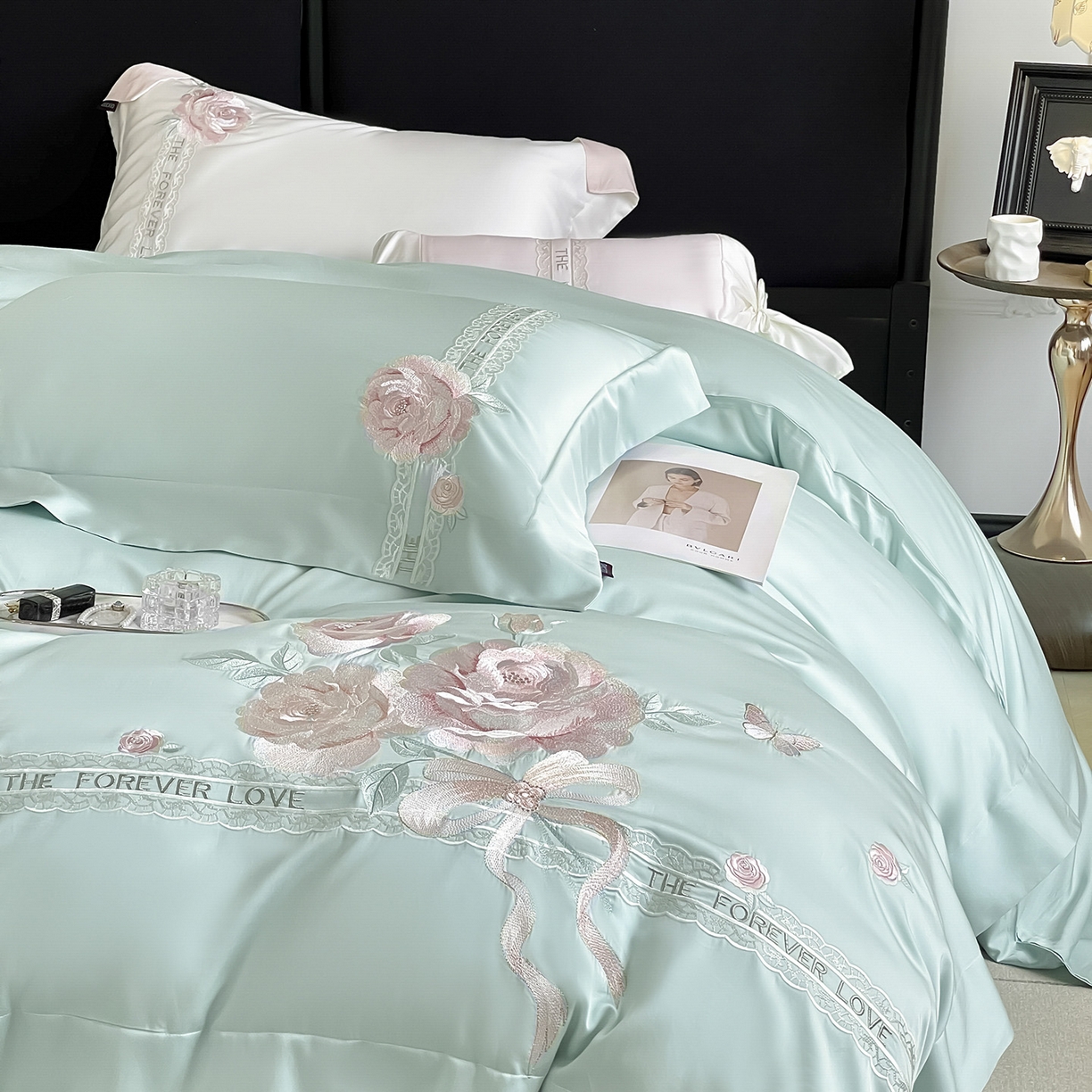  2026春夏新款轻奢纯色A类长绒棉纯棉全棉重工刺绣被套床单四件套床上用品云栀 云栀-茶绿