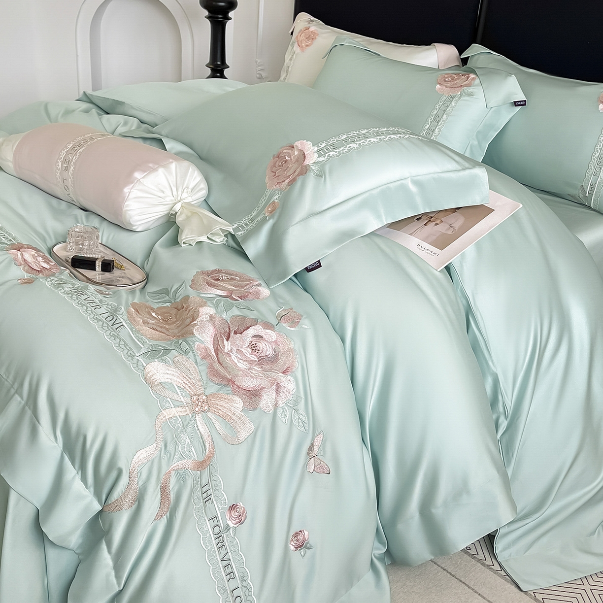 91家纺网 家纺一手货源 找家纺  2026春夏新款轻奢纯色A类长绒棉纯棉全棉重工刺绣被套床单四件套床上用品云栀 云栀-茶绿