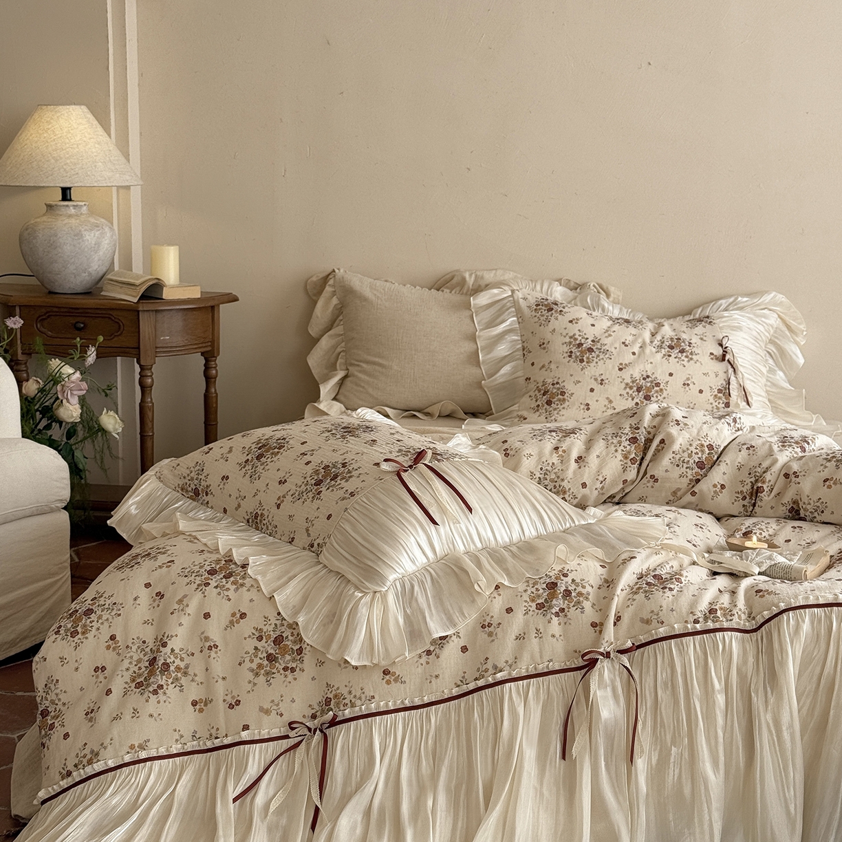 91家纺网 家纺一手货源 找家纺 （总）佳汐蓝家纺 2026新款春夏棉麻新品印花+流光纱四件套-春缇玫瑰