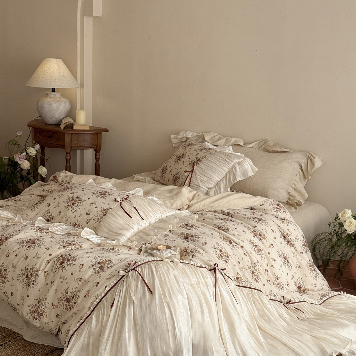 91家纺网 家纺一手货源 找家纺 （总）佳汐蓝家纺 2026新款春夏棉麻新品印花+流光纱四件套-春缇玫瑰