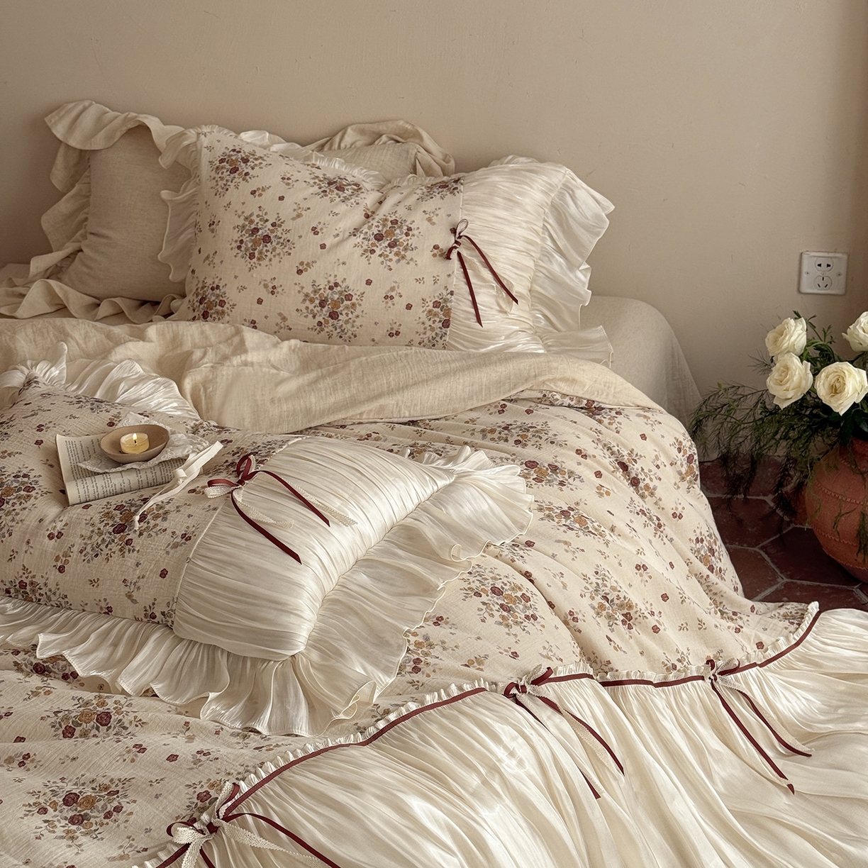 91家纺网 家纺一手货源 找家纺 （总）佳汐蓝家纺 2026新款春夏棉麻新品印花+流光纱四件套-春缇玫瑰