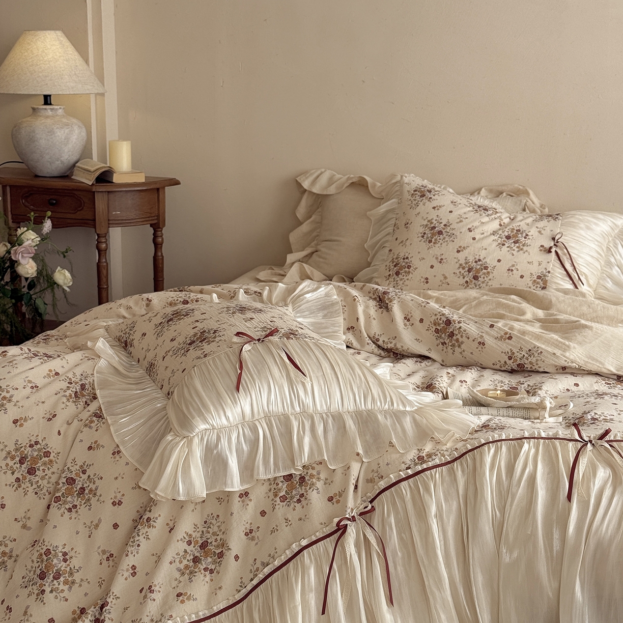 91家纺网 家纺一手货源 找家纺 （总）佳汐蓝家纺 2026新款春夏棉麻新品印花+流光纱四件套-春缇玫瑰