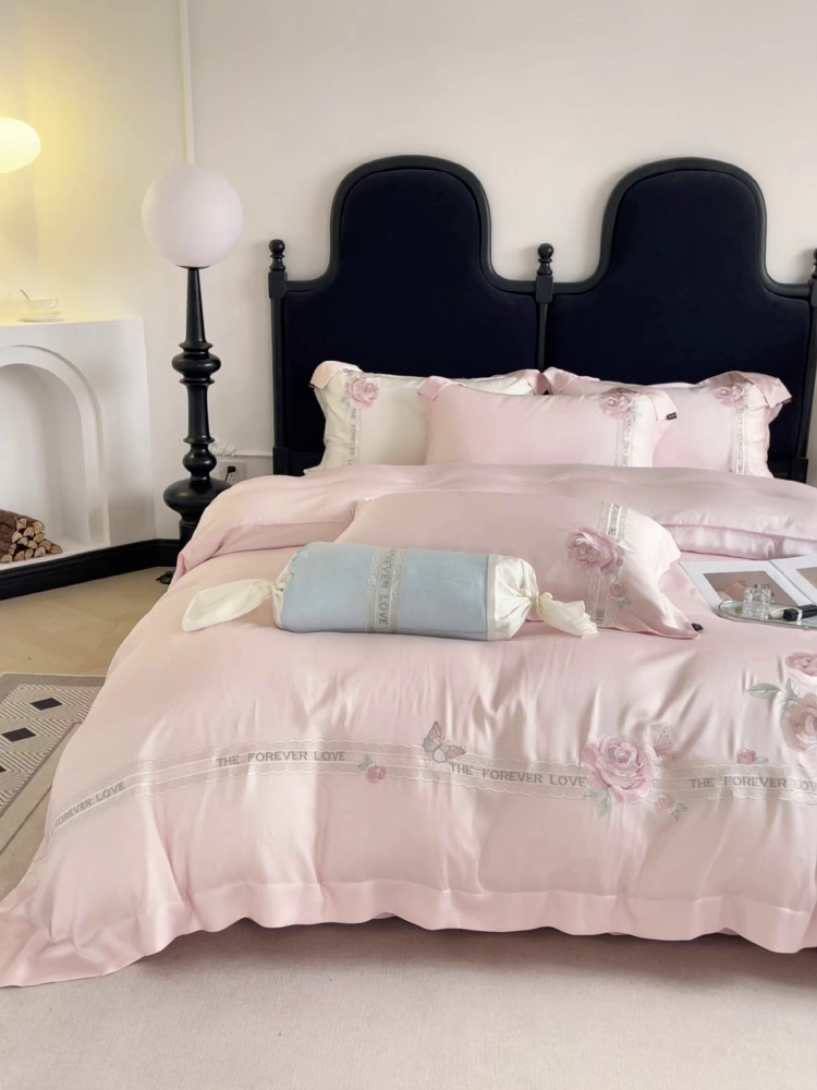 91家纺网 家纺一手货源 找家纺  2026春夏新款轻奢纯色A类长绒棉纯棉全棉重工刺绣被套床单四件套床上用品云栀 云栀-颜粉