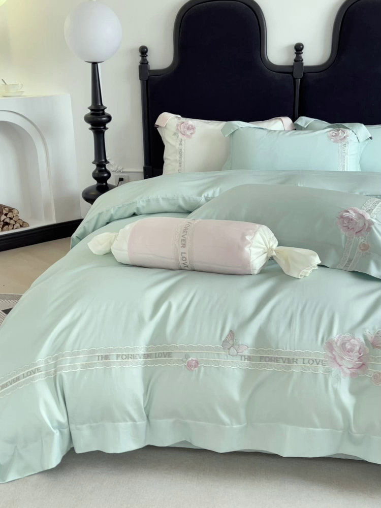 91家纺网 家纺一手货源 找家纺  2026春夏新款轻奢纯色A类长绒棉纯棉全棉重工刺绣被套床单四件套床上用品云栀 云栀-茶绿