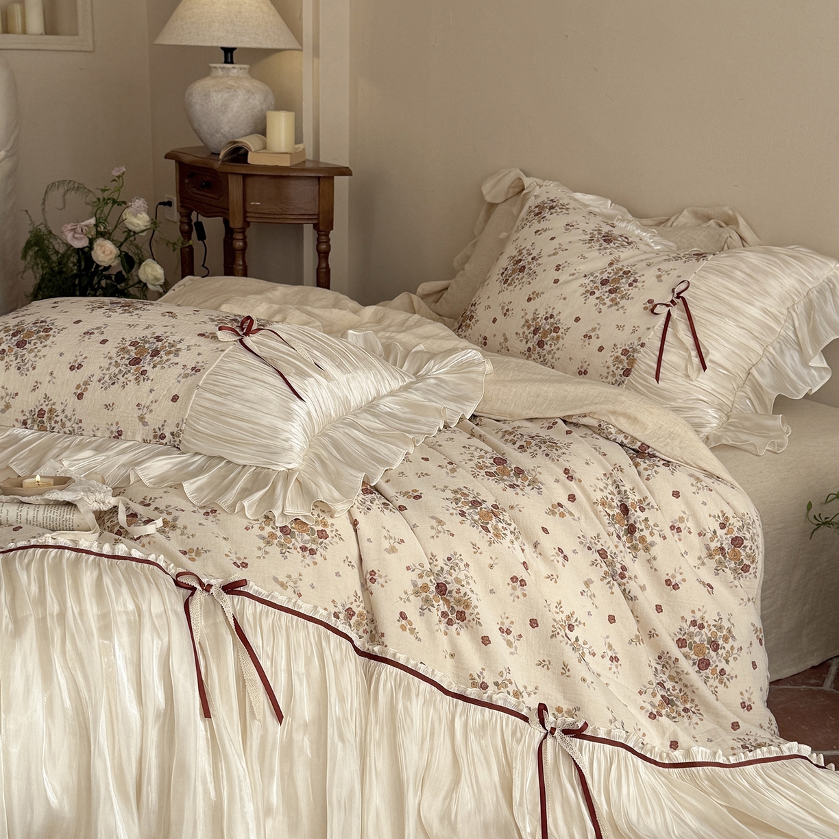 91家纺网 家纺一手货源 找家纺 （总）佳汐蓝家纺 2026新款春夏棉麻新品印花+流光纱四件套-春缇玫瑰