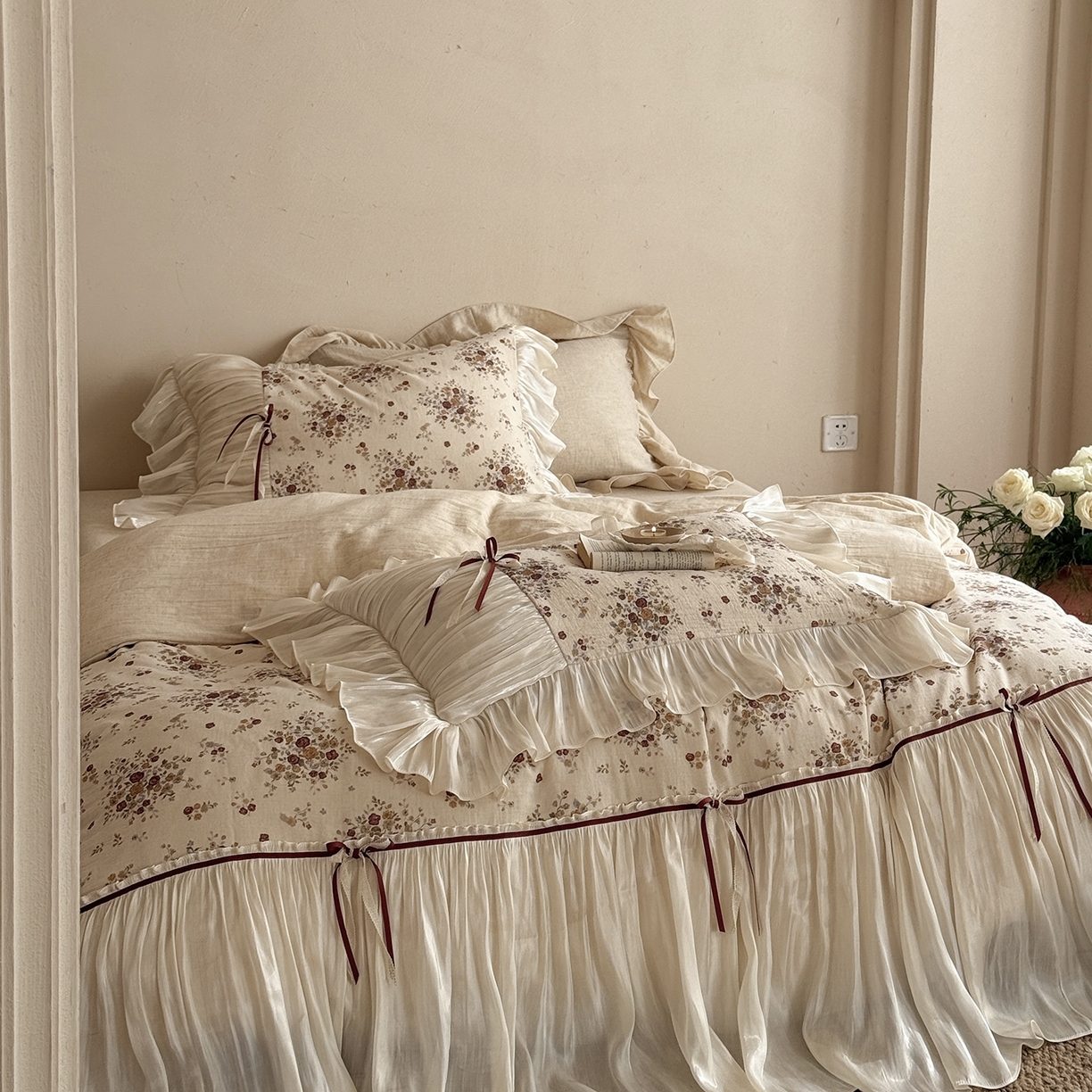 91家纺网 家纺一手货源 找家纺 （总）佳汐蓝家纺 2026新款春夏棉麻新品印花+流光纱四件套-春缇玫瑰