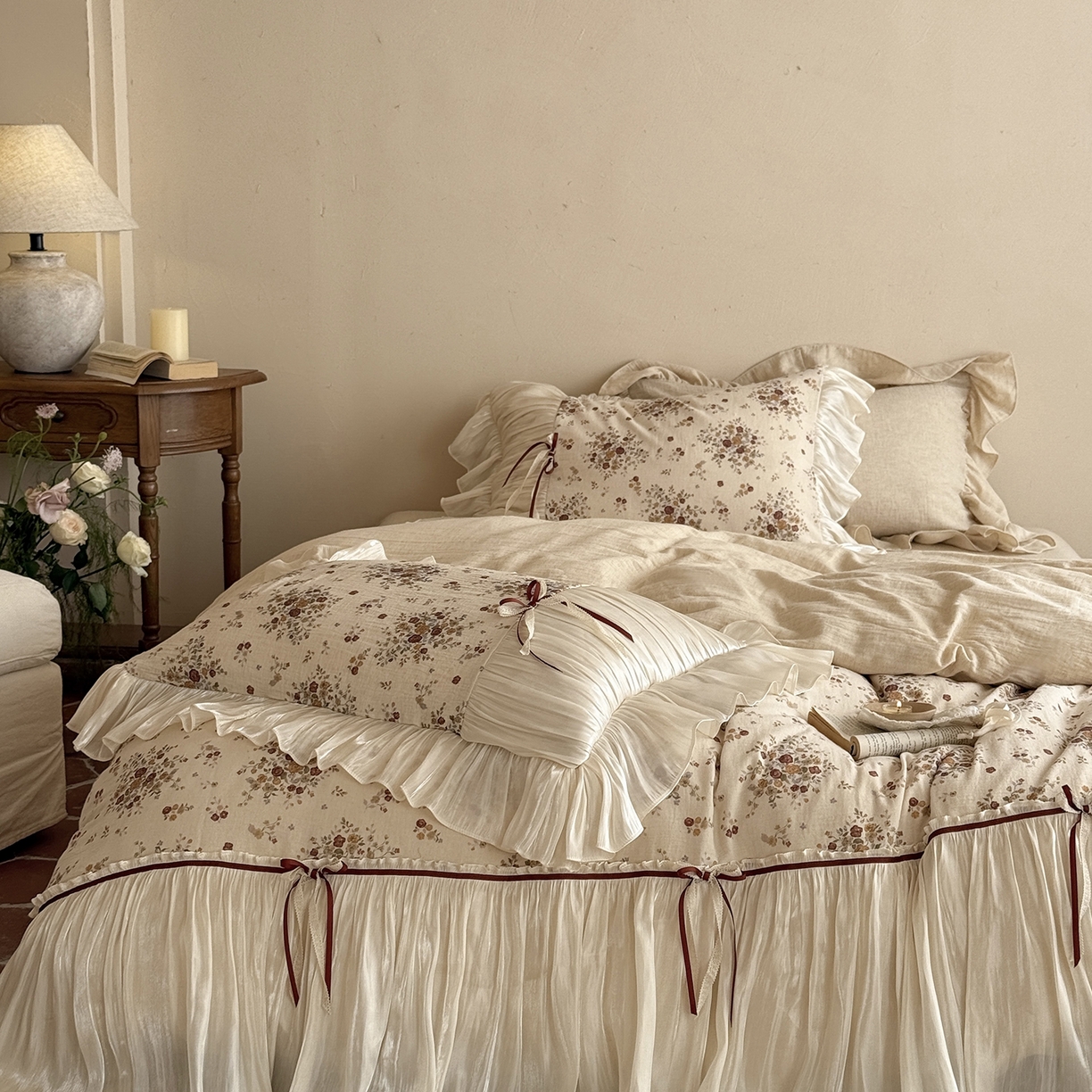 91家纺网 家纺一手货源 找家纺 （总）佳汐蓝家纺 2026新款春夏棉麻新品印花+流光纱四件套-春缇玫瑰