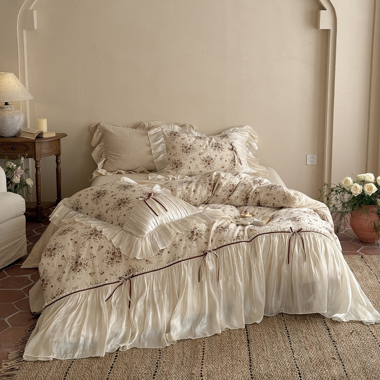 91家纺网 家纺一手货源 找家纺 （总）佳汐蓝家纺 2026新款春夏棉麻新品印花+流光纱四件套-春缇玫瑰