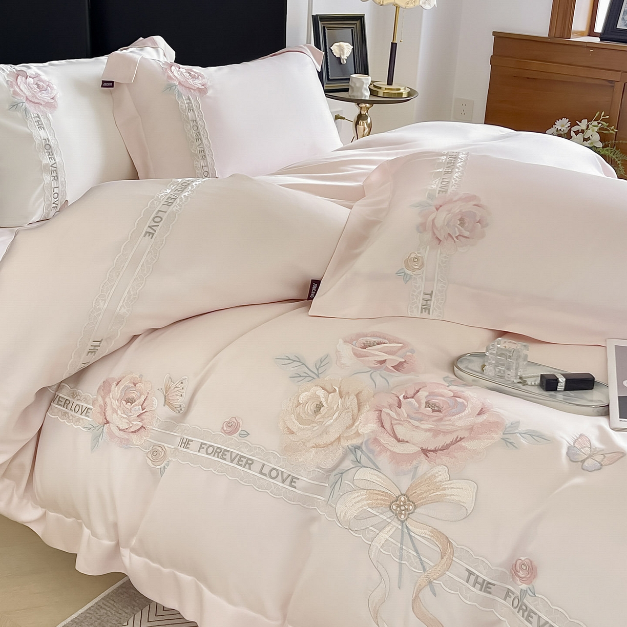 91家纺网 家纺一手货源 找家纺 （总） 2026春夏新款轻奢纯色A类长绒棉纯棉全棉重工刺绣被套床单四件套床上用品云栀