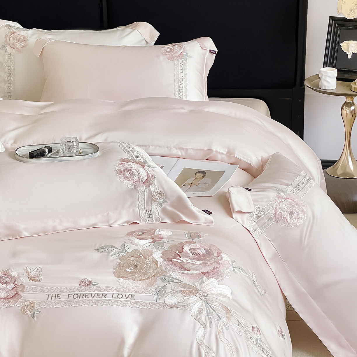 91家纺网 家纺一手货源 找家纺 （总） 2026春夏新款轻奢纯色A类长绒棉纯棉全棉重工刺绣被套床单四件套床上用品云栀