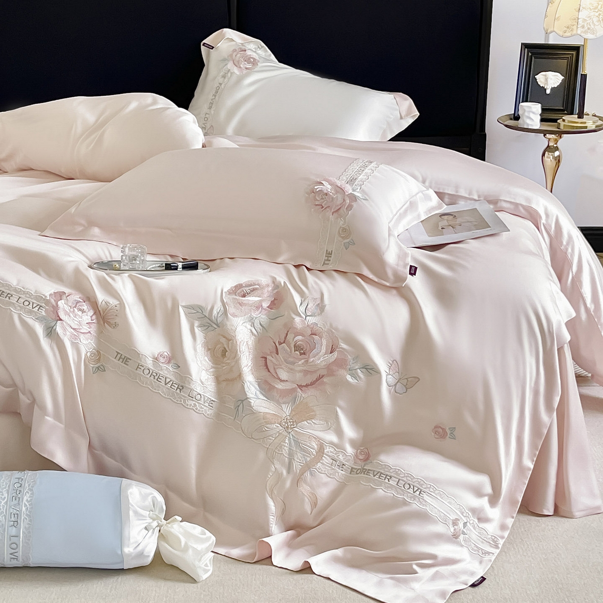 91家纺网 家纺一手货源 找家纺 （总） 2026春夏新款轻奢纯色A类长绒棉纯棉全棉重工刺绣被套床单四件套床上用品云栀