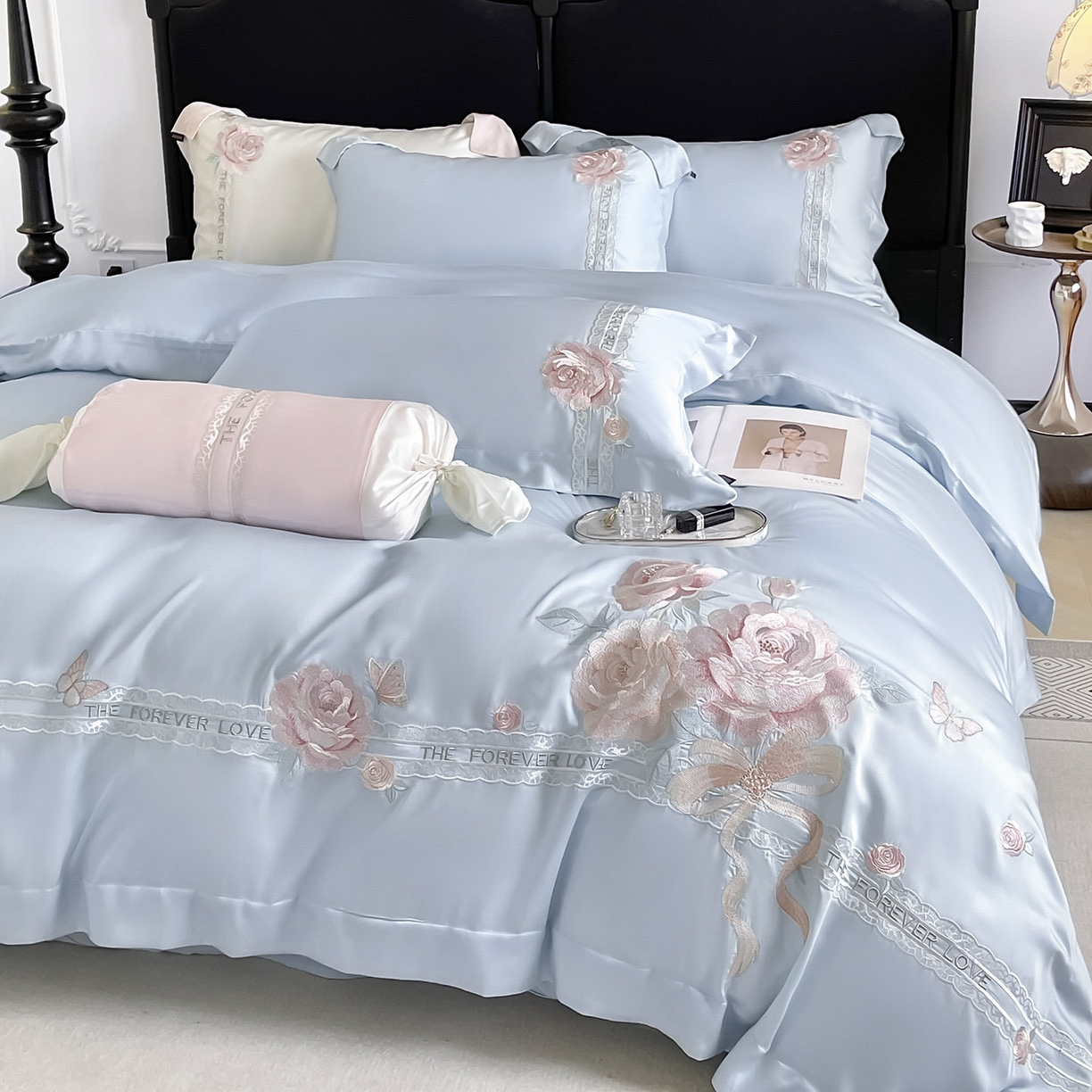 91家纺网 家纺一手货源 找家纺 乔利卡沃 2026春夏新款轻奢纯色A类长绒棉纯棉全棉重工刺绣被套床单四件套床上用品云栀 云栀-慕蓝