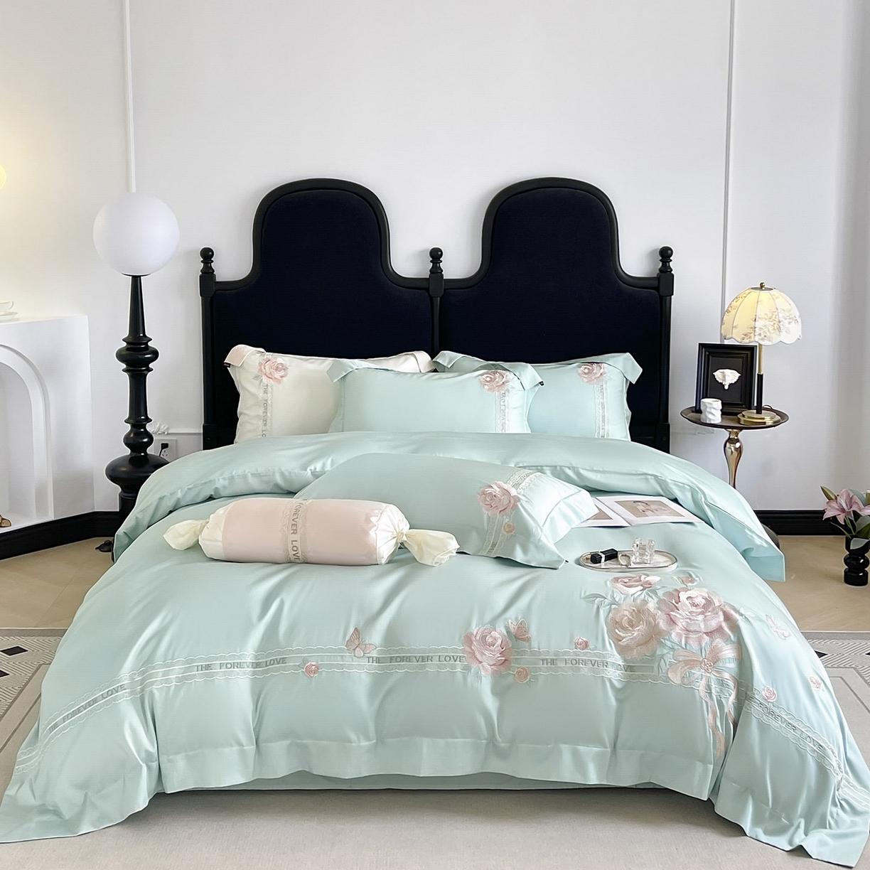 91家纺网 家纺一手货源 找家纺 乔利卡沃 2026春夏新款轻奢纯色A类长绒棉纯棉全棉重工刺绣被套床单四件套床上用品云栀 云栀-茶绿