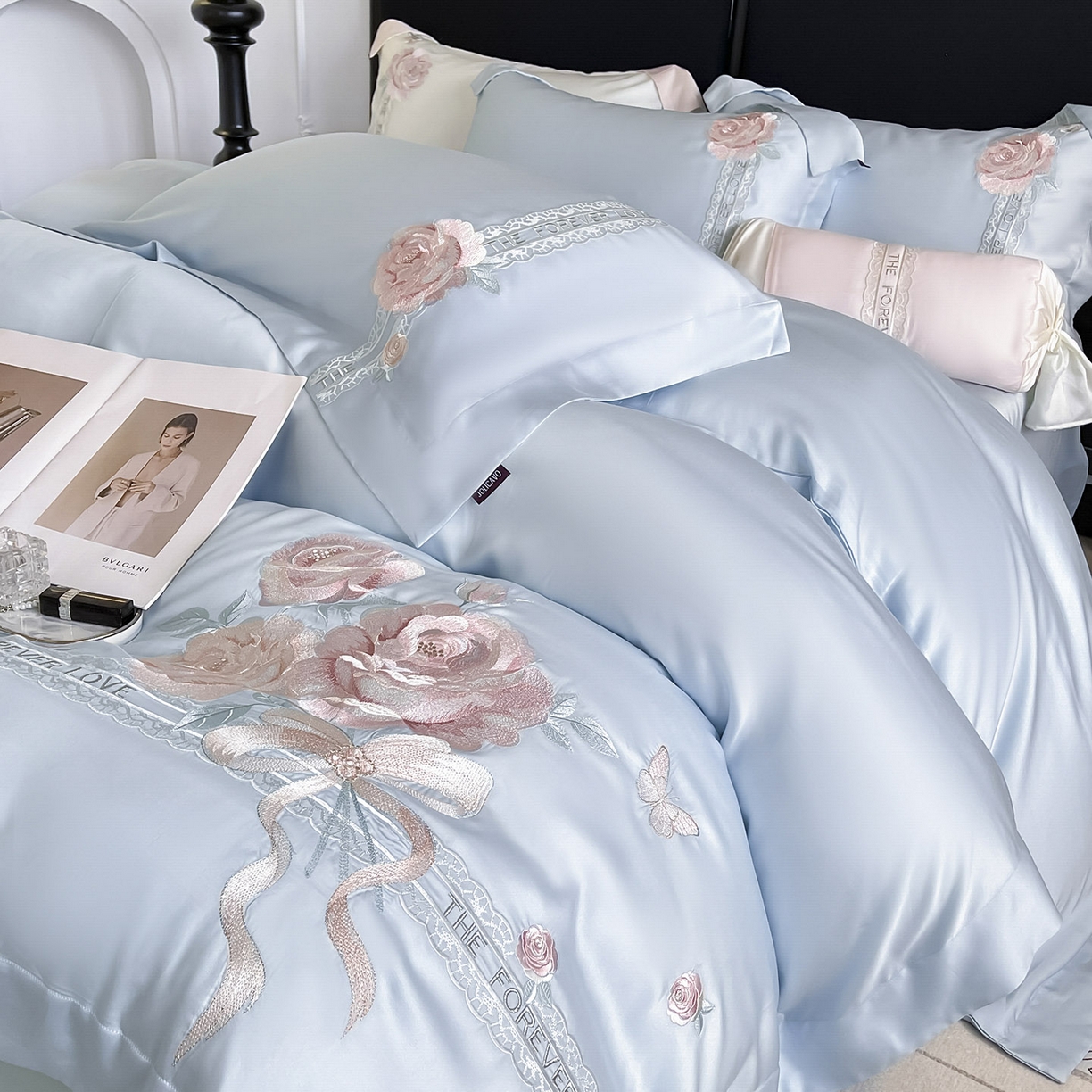 91家纺网 家纺一手货源 找家纺 乔利卡沃 2026春夏新款轻奢纯色A类长绒棉纯棉全棉重工刺绣被套床单四件套床上用品云栀 云栀-慕蓝