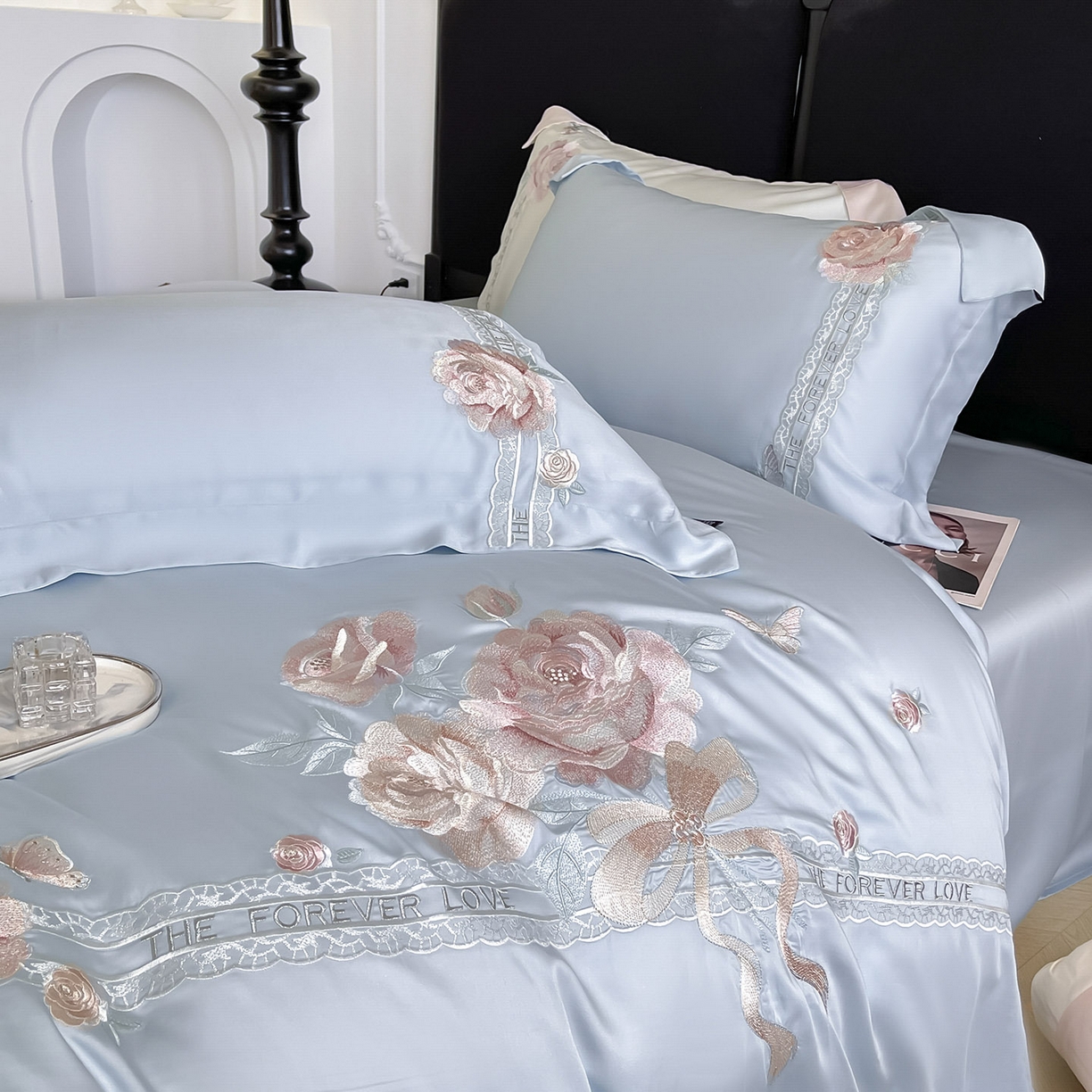 91家纺网 家纺一手货源 找家纺 乔利卡沃 2026春夏新款轻奢纯色A类长绒棉纯棉全棉重工刺绣被套床单四件套床上用品云栀 云栀-慕蓝