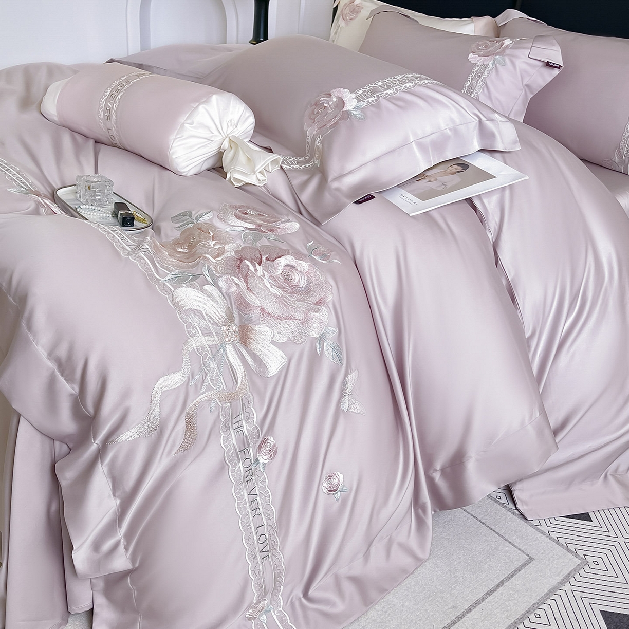 乔利卡沃 2026春夏新款轻奢纯色A类长绒棉纯棉全棉重工刺绣被套床单四件套床上用品云栀 云栀-黛紫