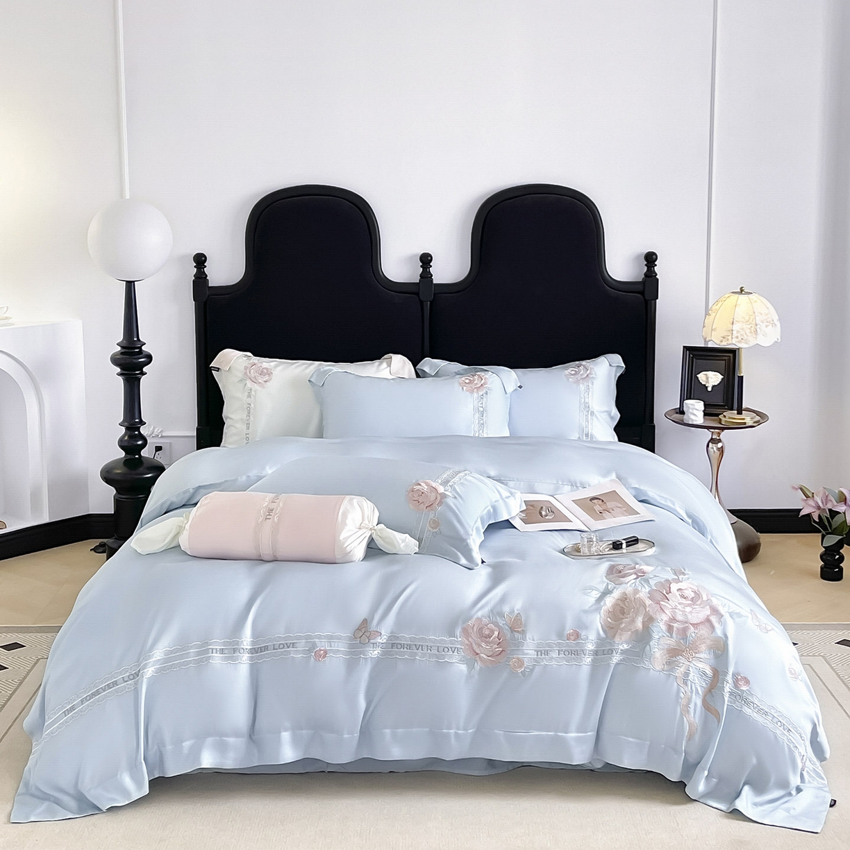 91家纺网 家纺一手货源 找家纺 乔利卡沃 2026春夏新款轻奢纯色A类长绒棉纯棉全棉重工刺绣被套床单四件套床上用品云栀 云栀-慕蓝