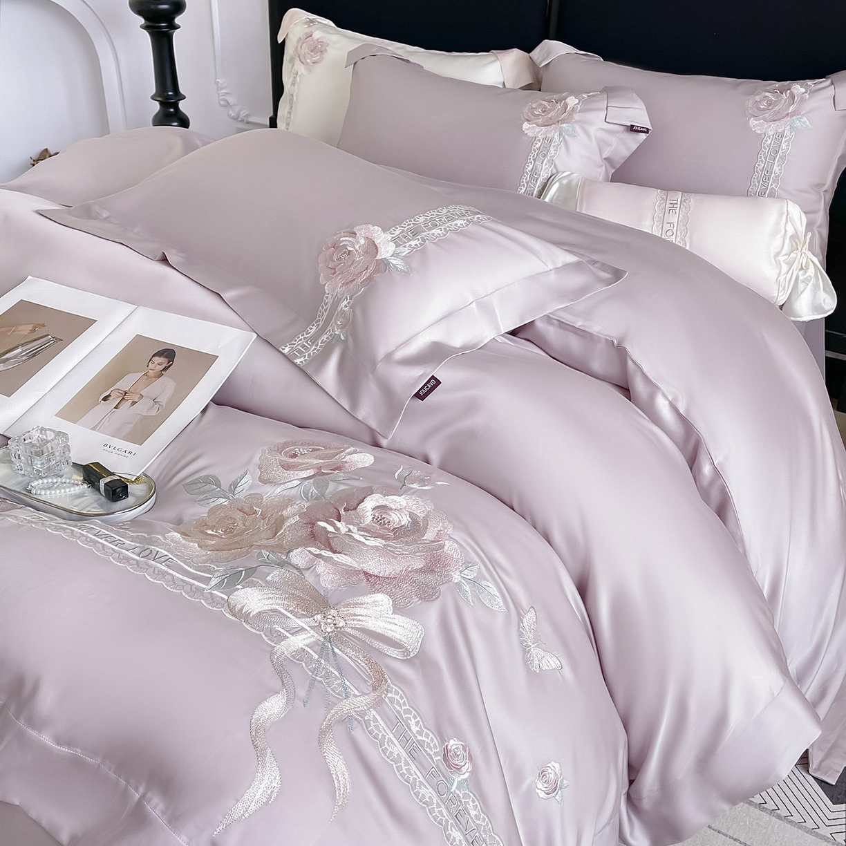 91家纺网 家纺一手货源 找家纺 乔利卡沃 2026春夏新款轻奢纯色A类长绒棉纯棉全棉重工刺绣被套床单四件套床上用品云栀 云栀-黛紫