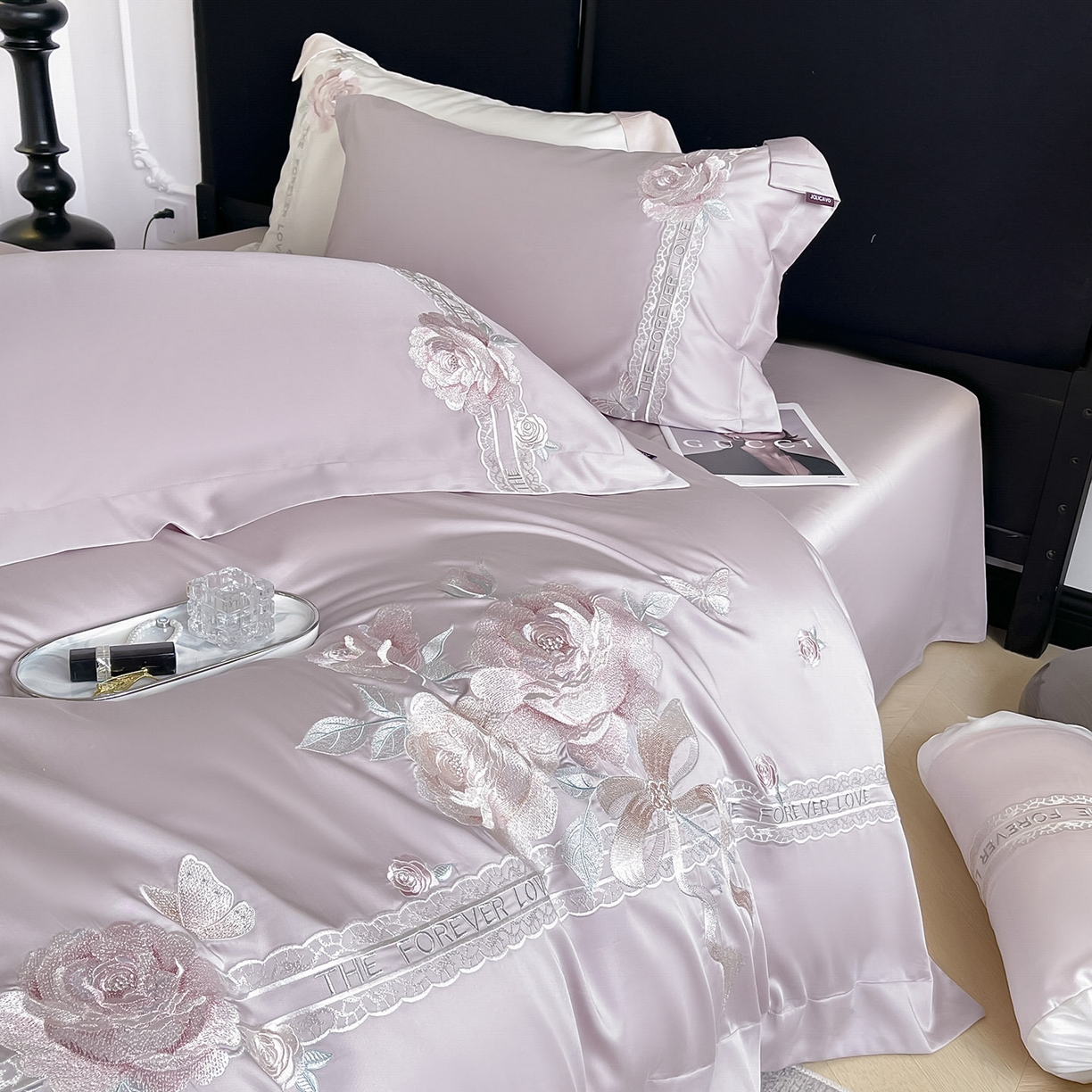 91家纺网 家纺一手货源 找家纺 乔利卡沃 2026春夏新款轻奢纯色A类长绒棉纯棉全棉重工刺绣被套床单四件套床上用品云栀 云栀-黛紫