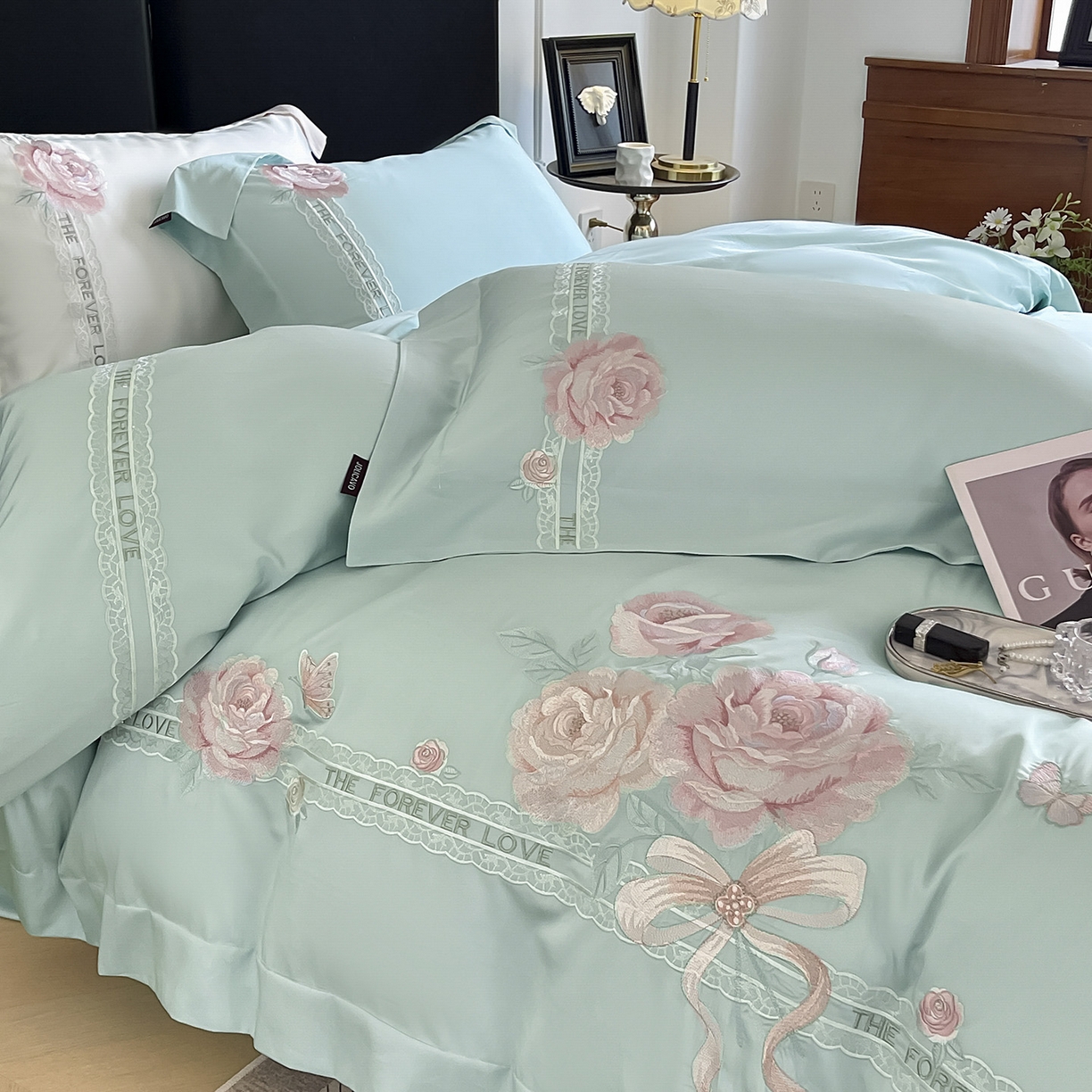 91家纺网 家纺一手货源 找家纺 乔利卡沃 2026春夏新款轻奢纯色A类长绒棉纯棉全棉重工刺绣被套床单四件套床上用品云栀 云栀-茶绿