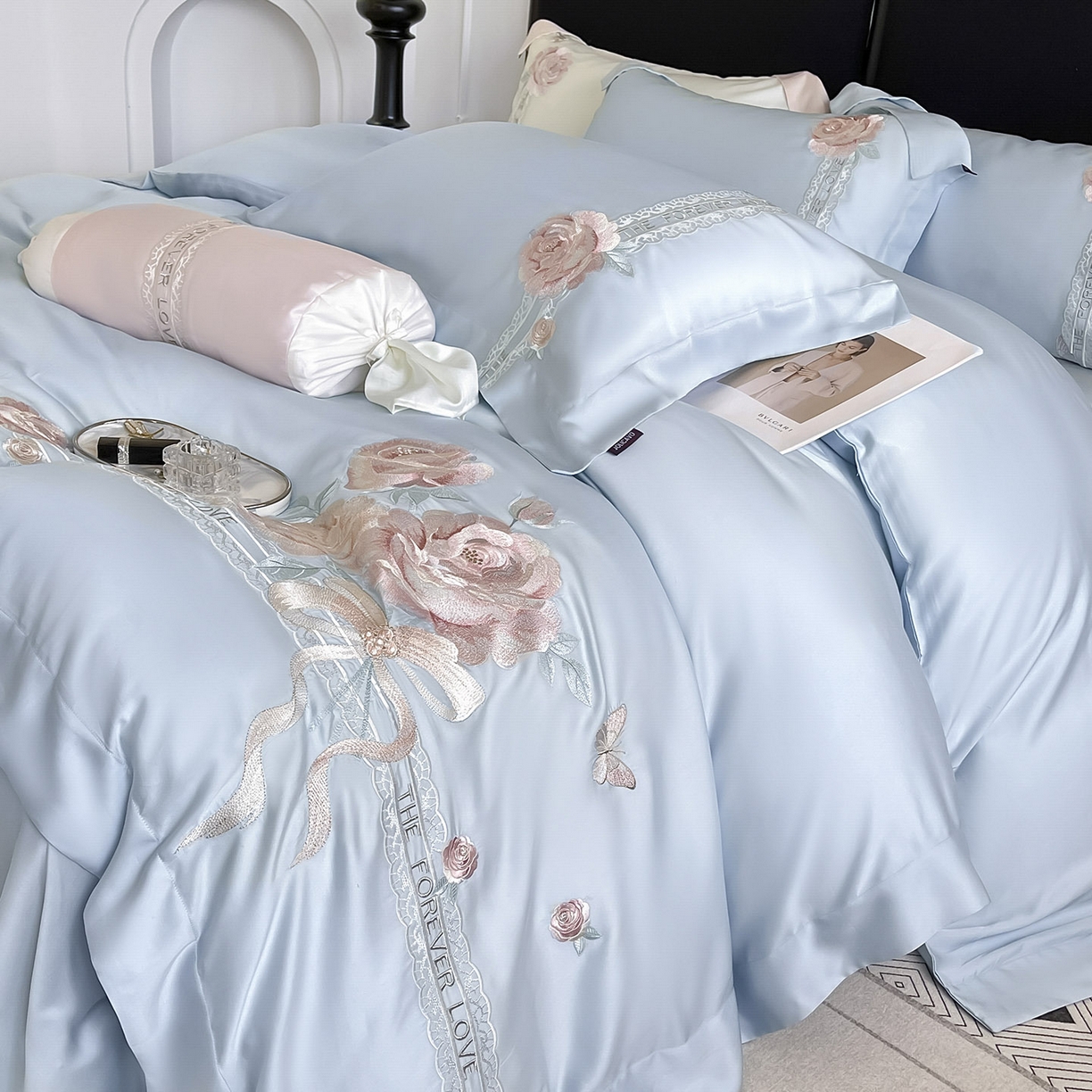 91家纺网 家纺一手货源 找家纺 乔利卡沃 2026春夏新款轻奢纯色A类长绒棉纯棉全棉重工刺绣被套床单四件套床上用品云栀 云栀-慕蓝