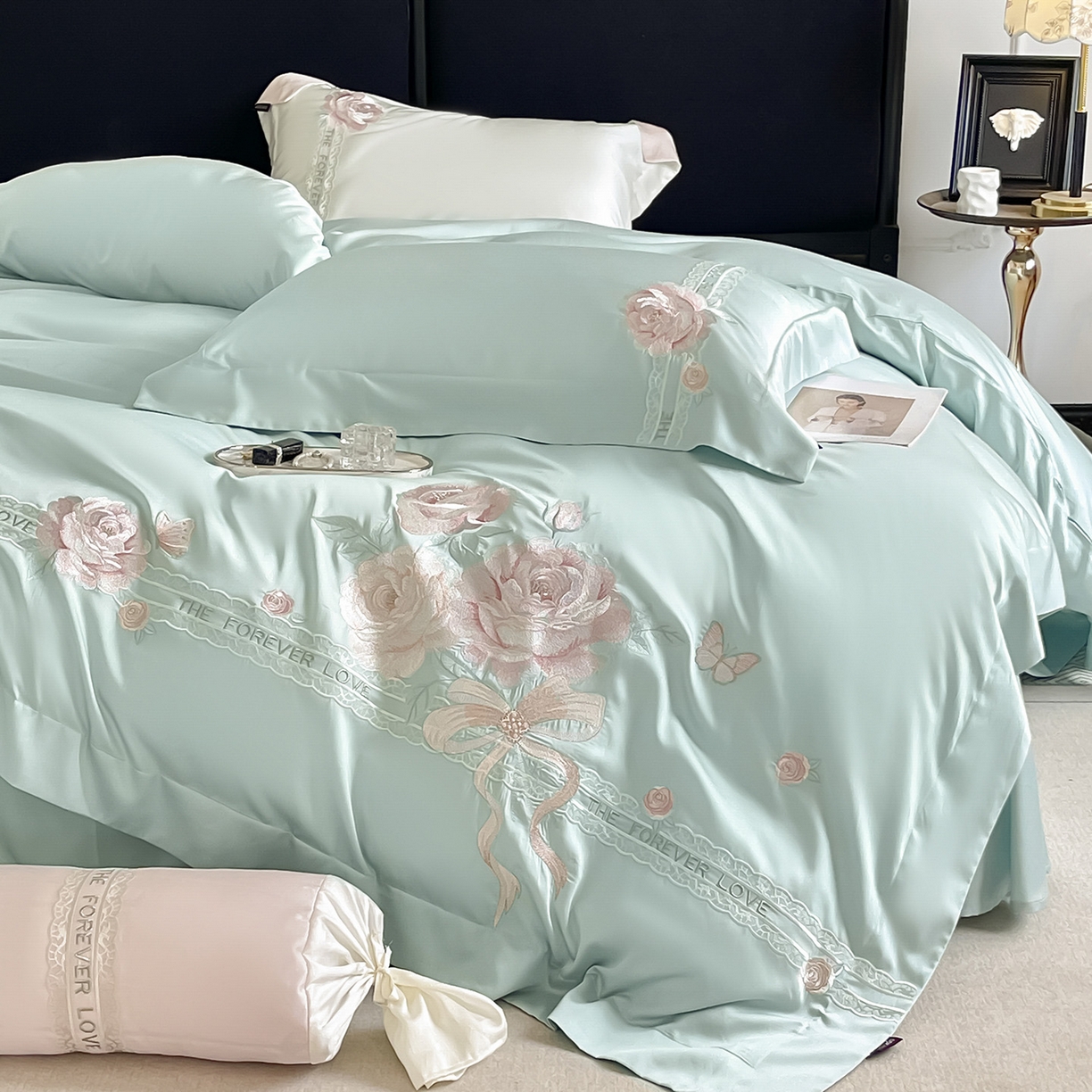 91家纺网 家纺一手货源 找家纺 乔利卡沃 2026春夏新款轻奢纯色A类长绒棉纯棉全棉重工刺绣被套床单四件套床上用品云栀 云栀-茶绿