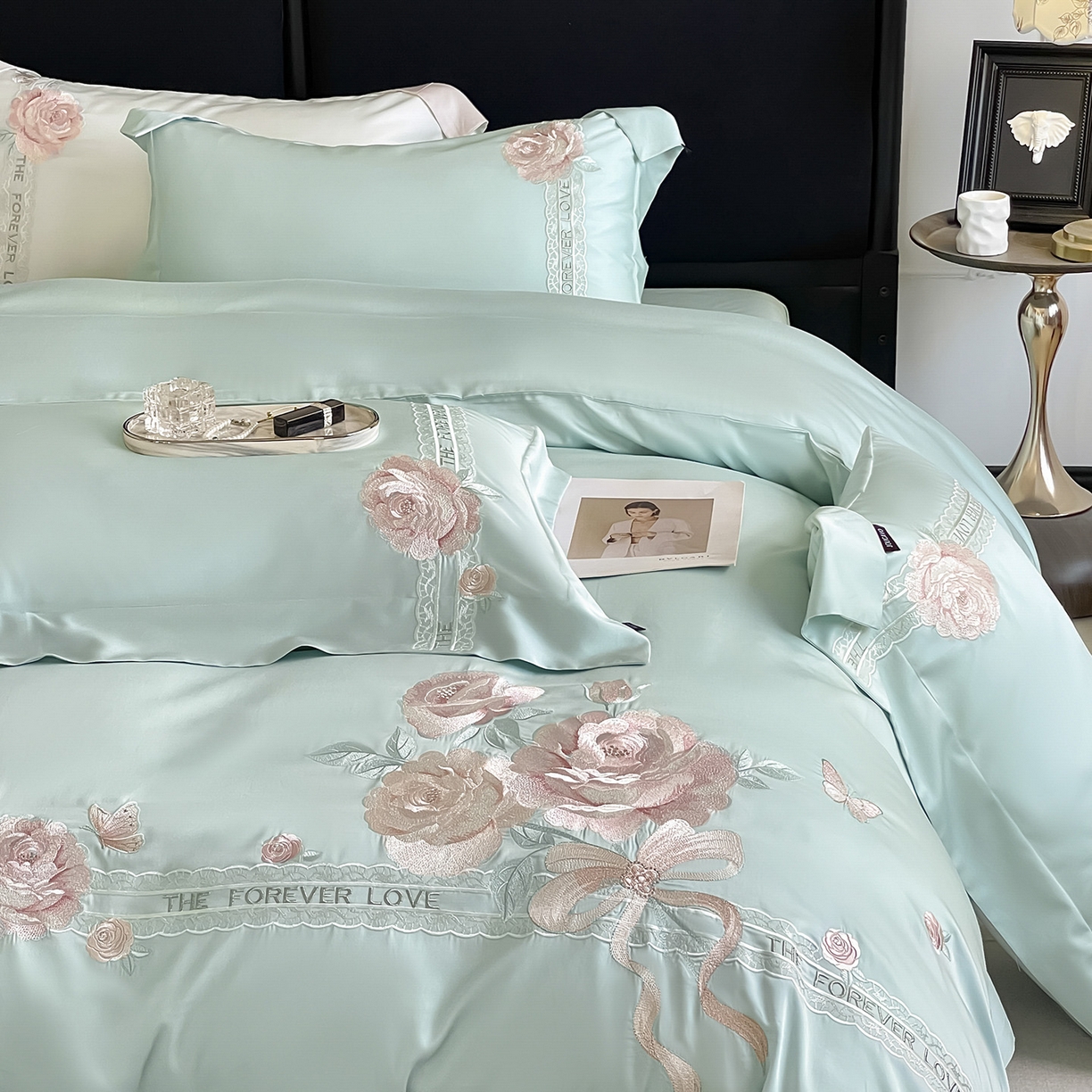 91家纺网 家纺一手货源 找家纺 乔利卡沃 2026春夏新款轻奢纯色A类长绒棉纯棉全棉重工刺绣被套床单四件套床上用品云栀 云栀-茶绿