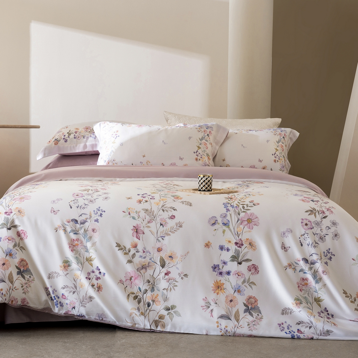 佳汐蓝家纺 2026新款春夏天丝数码印花（挂边款）四件套 淡晓-粉黄