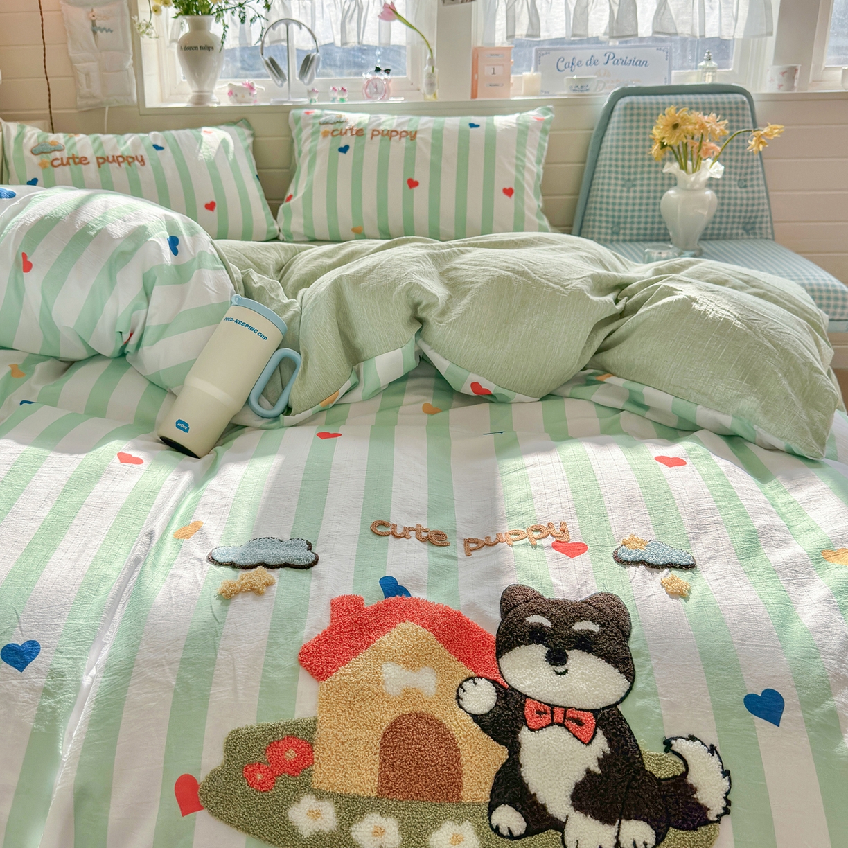 91家纺网 家纺一手货源 找家纺 王朝国际 2026爆款棉纱毛巾绣四件套 呆呆狗