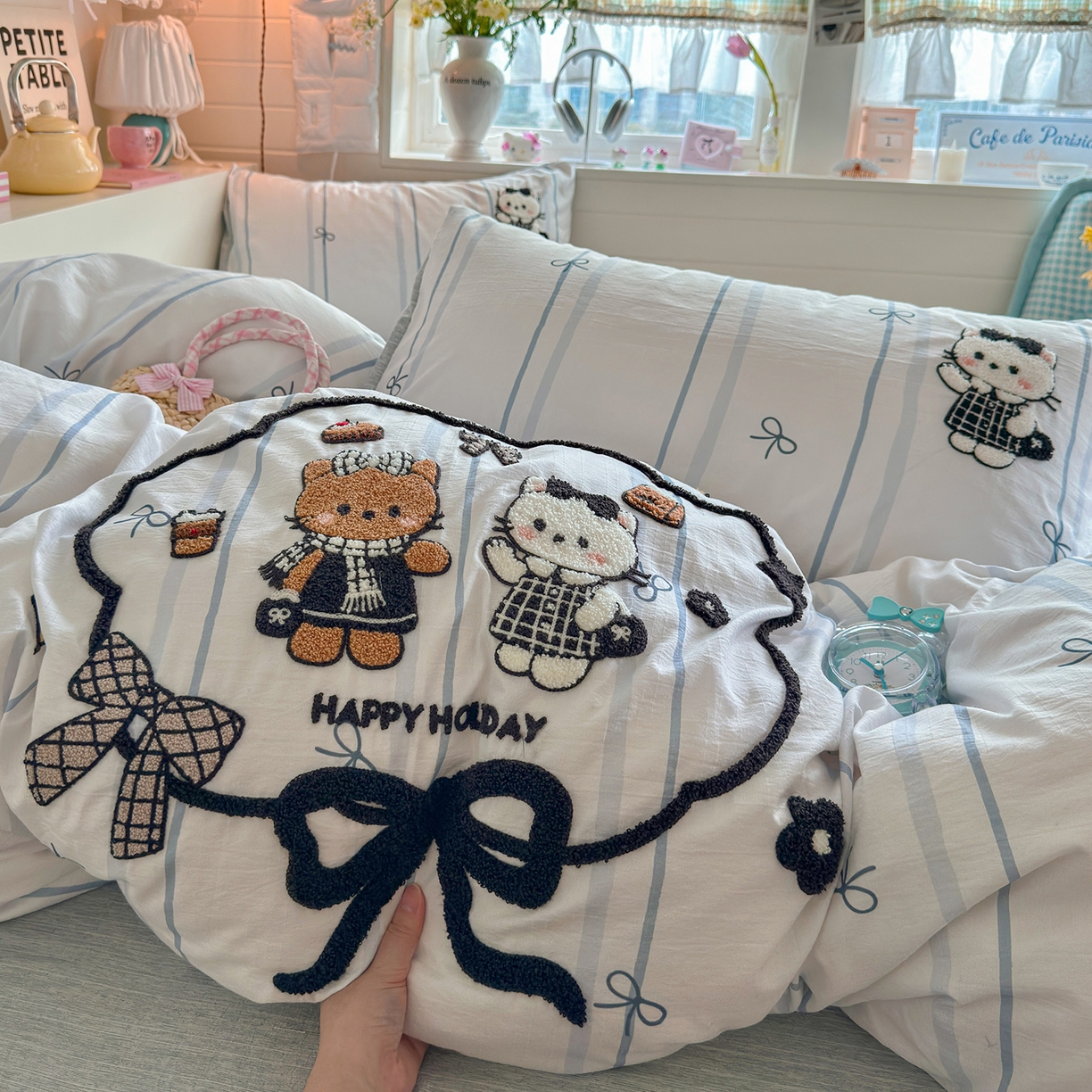 王朝国际 2026爆款棉纱毛巾绣四件套 蝴蝶猫