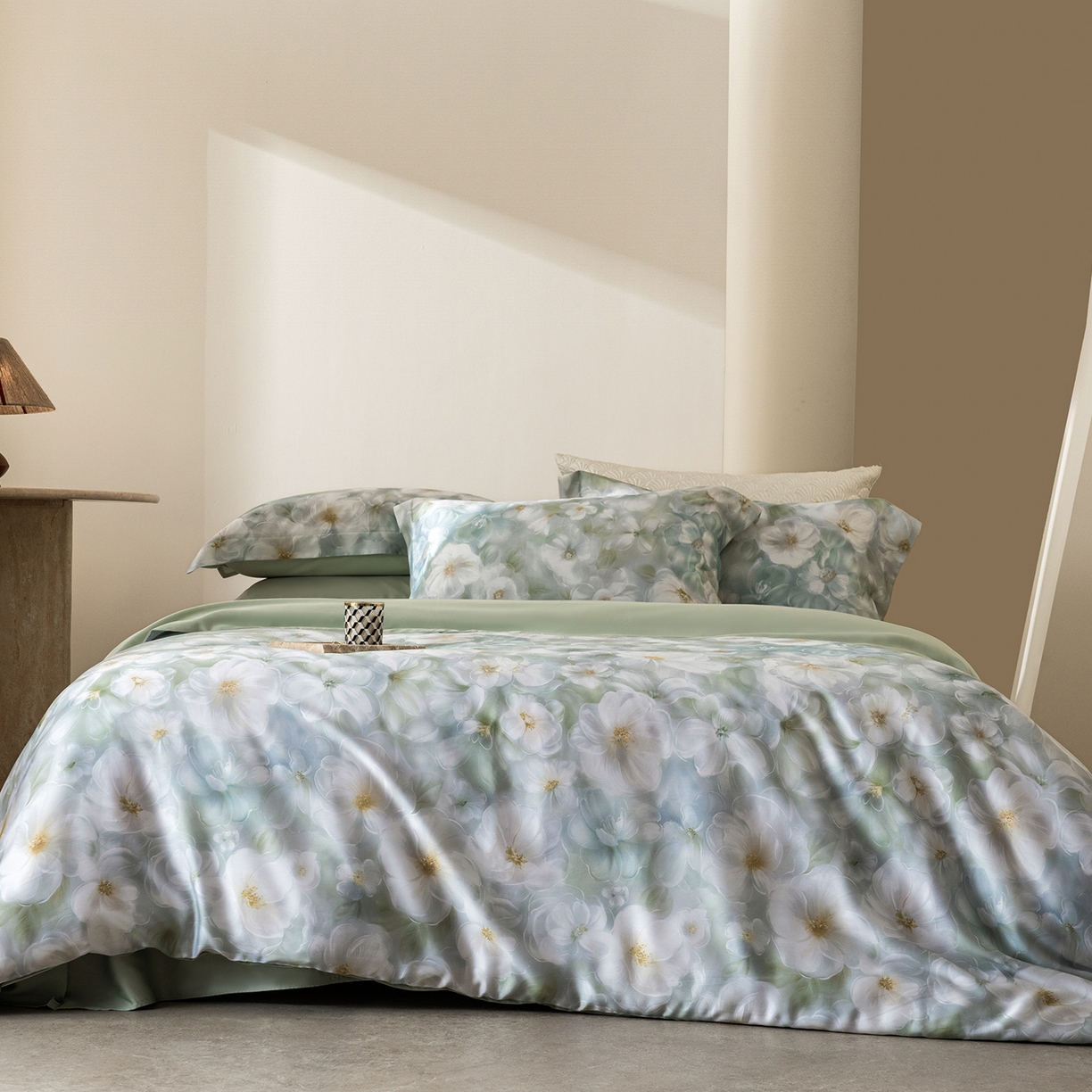 佳汐蓝家纺 2026新款春夏天丝数码印花（挂边款）四件套 华俞-绿