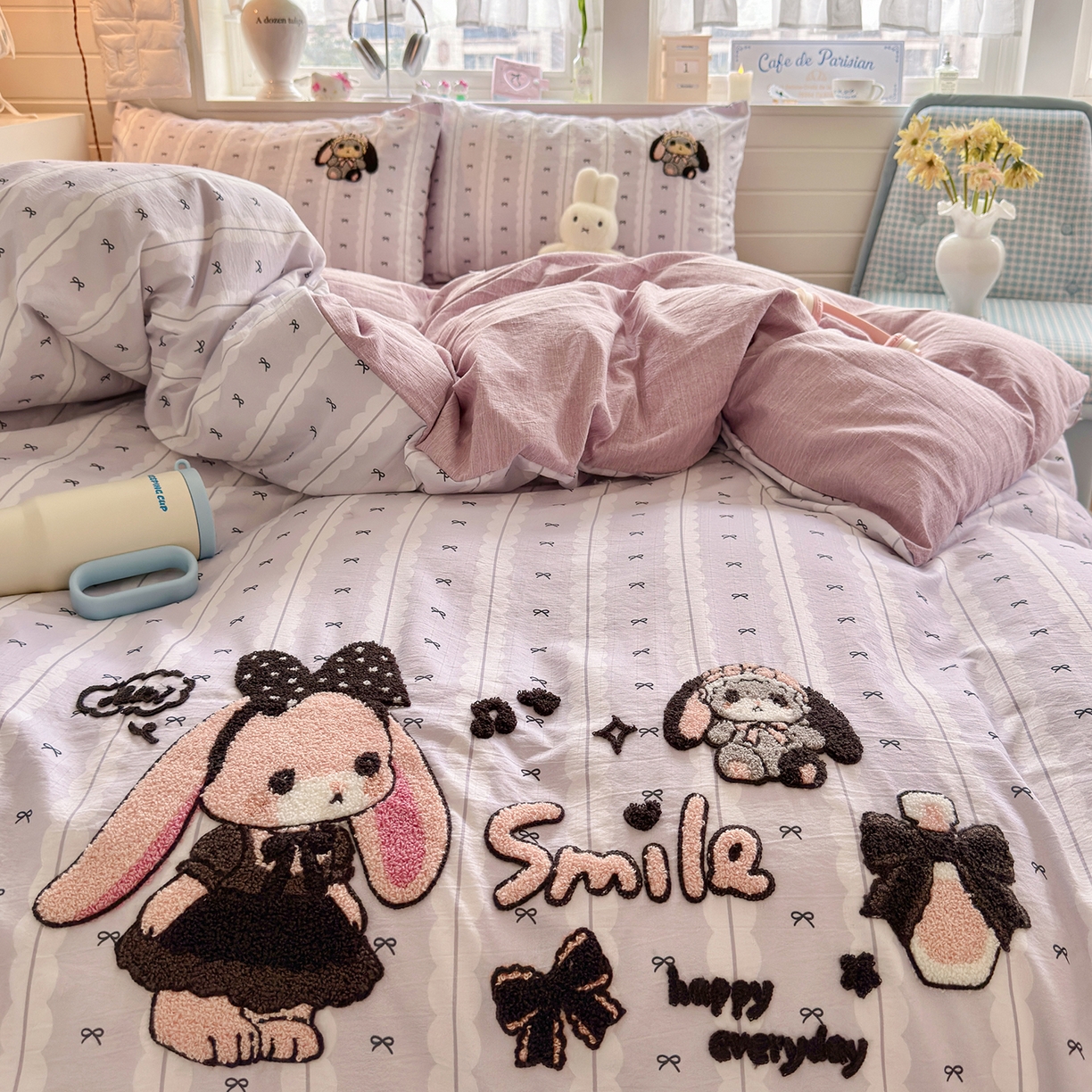 91家纺网 家纺一手货源 找家纺 王朝国际 2026爆款棉纱毛巾绣四件套 蕾丝兔