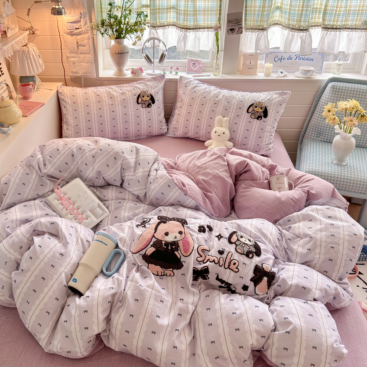 91家纺网 家纺一手货源 找家纺 王朝国际 2026爆款棉纱毛巾绣四件套 蕾丝兔