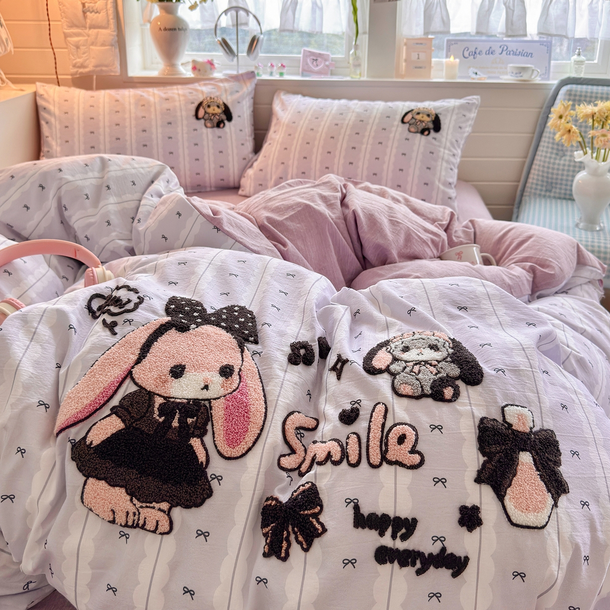 91家纺网 家纺一手货源 找家纺 王朝国际 2026爆款棉纱毛巾绣四件套 蕾丝兔