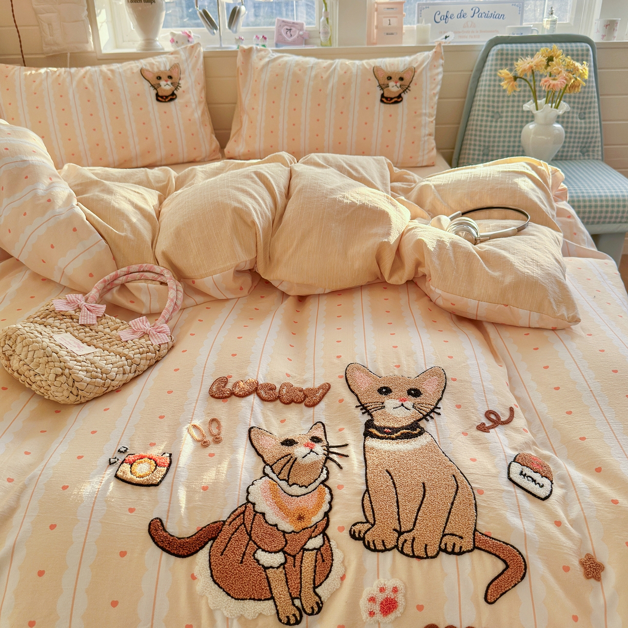 91家纺网 家纺一手货源 找家纺 王朝国际 2026爆款棉纱毛巾绣四件套 猫猫豹豹