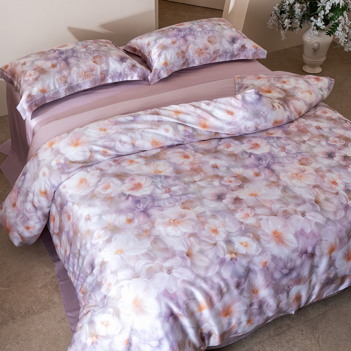 91家纺网 家纺一手货源 找家纺 佳汐蓝家纺 2026新款春夏天丝数码印花（挂边款）四件套 华俞-紫