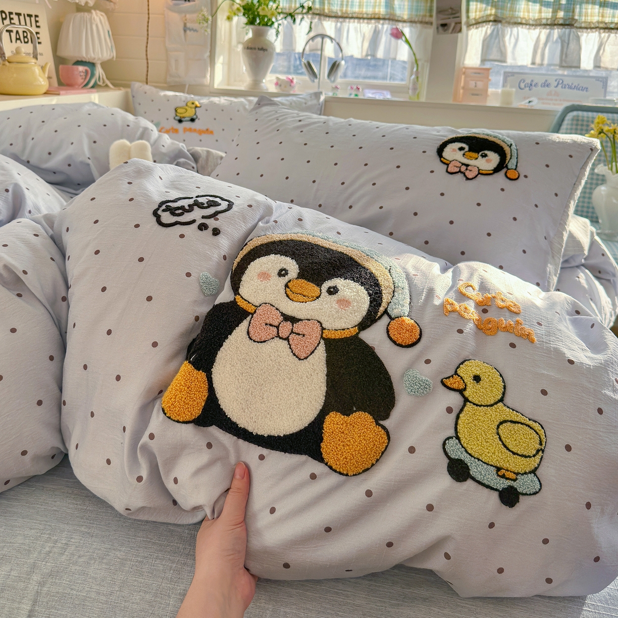 王朝国际 2026爆款棉纱毛巾绣四件套 企鹅鸭