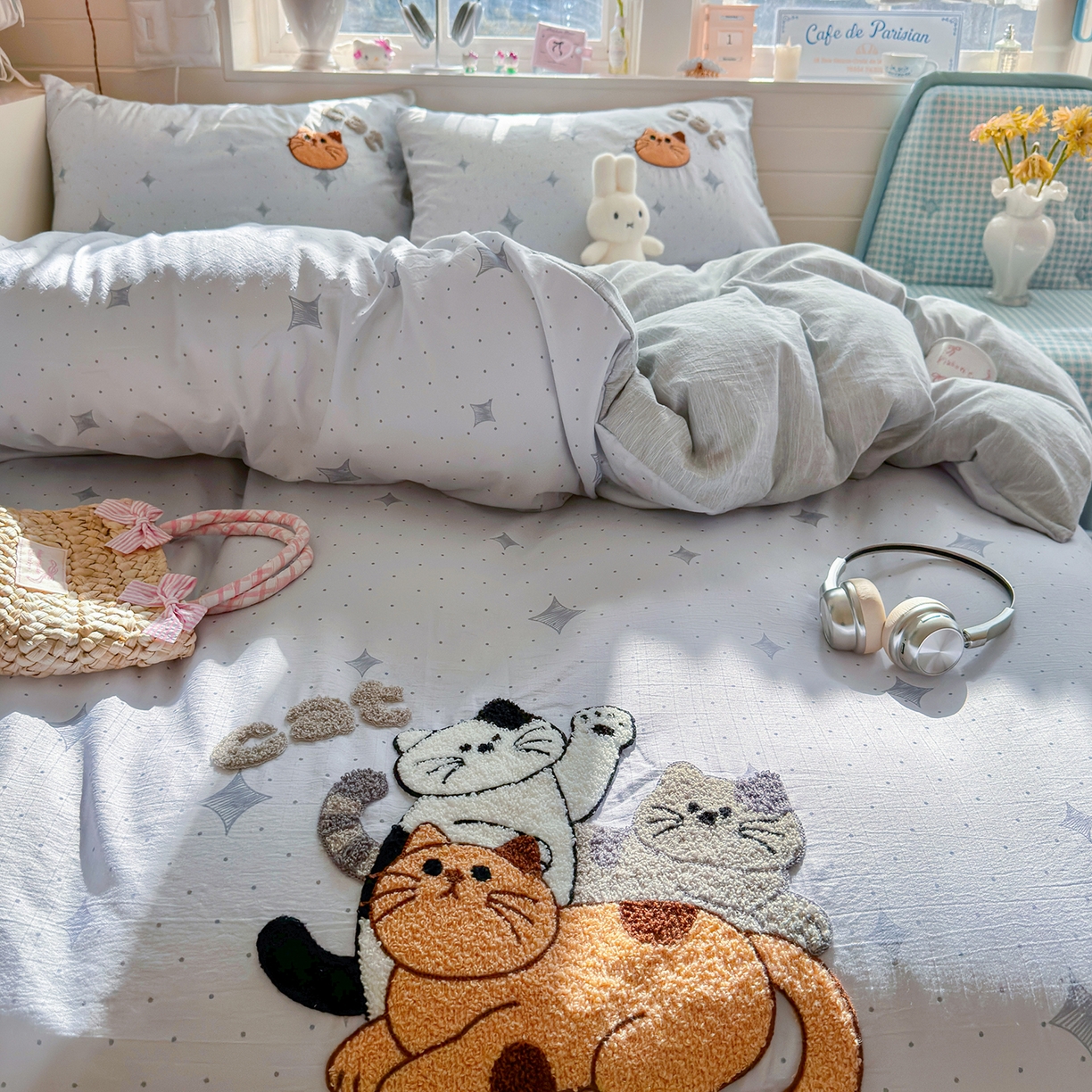 91家纺网 家纺一手货源 找家纺 王朝国际 2026爆款棉纱毛巾绣四件套 三只喵