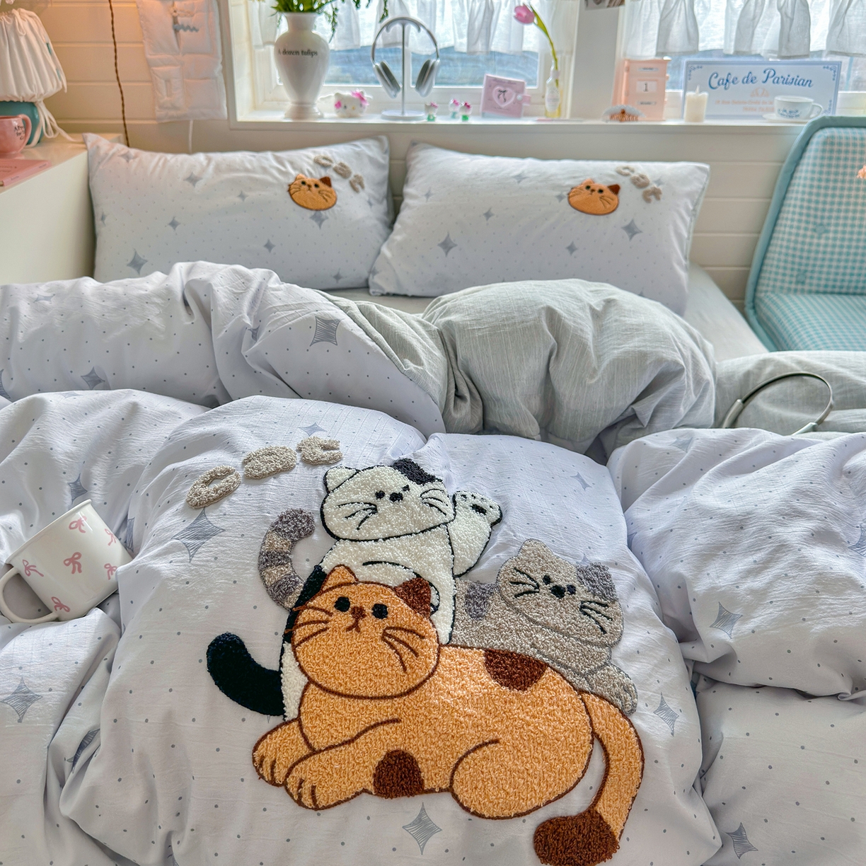 91家纺网 家纺一手货源 找家纺 王朝国际 2026爆款棉纱毛巾绣四件套 三只喵