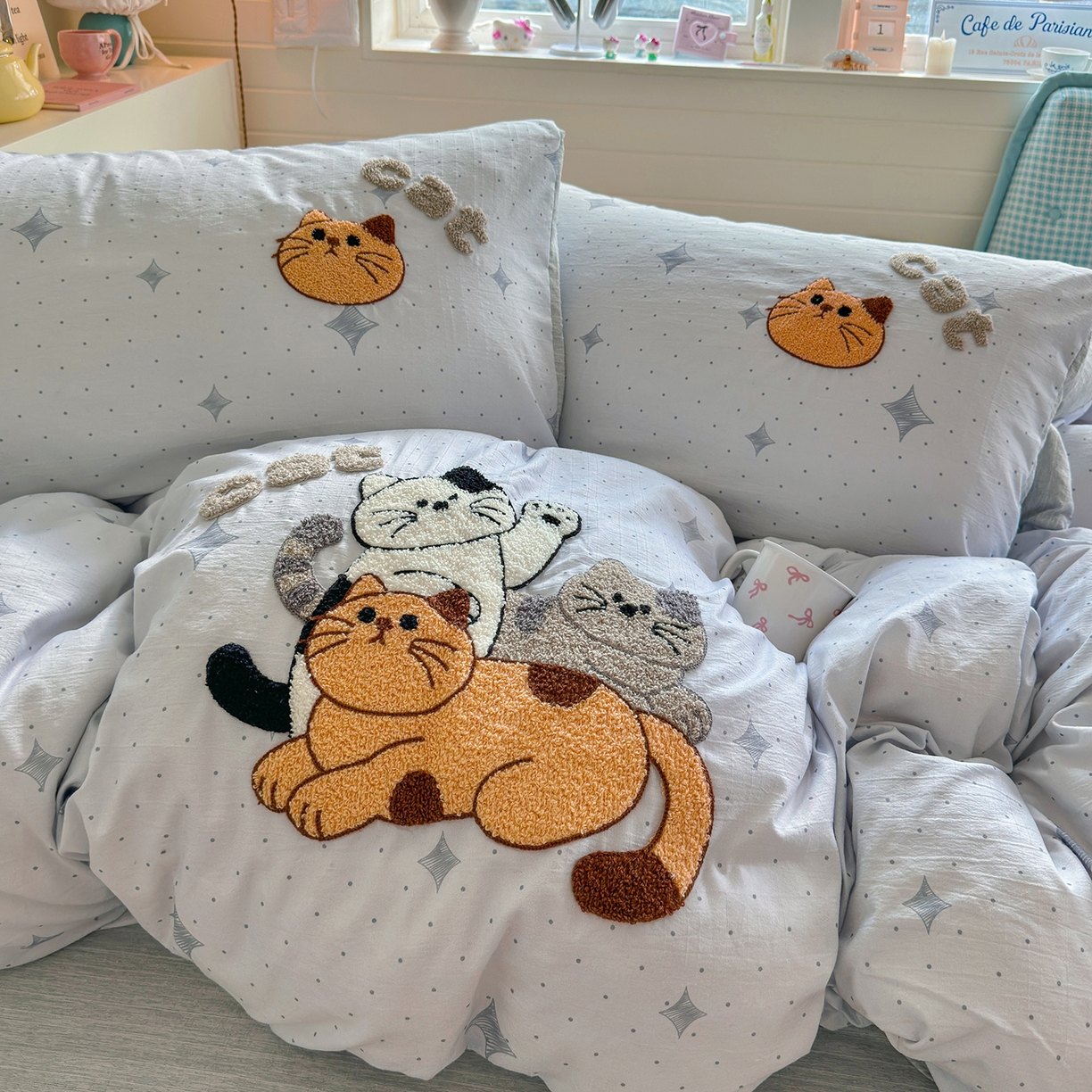 91家纺网 家纺一手货源 找家纺 王朝国际 2026爆款棉纱毛巾绣四件套 三只喵