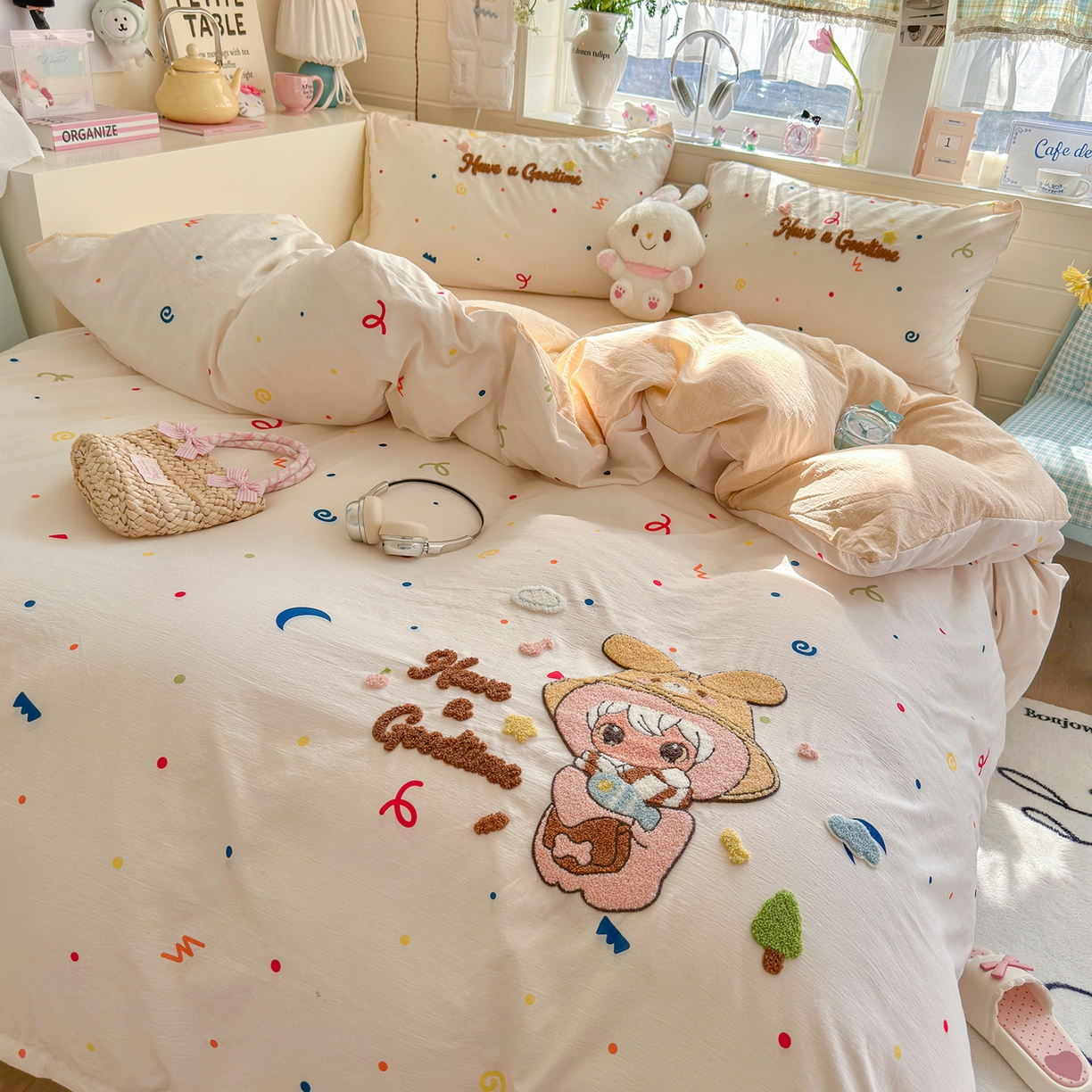 91家纺网 家纺一手货源 找家纺 王朝国际 2026爆款棉纱毛巾绣四件套 闪闪兔