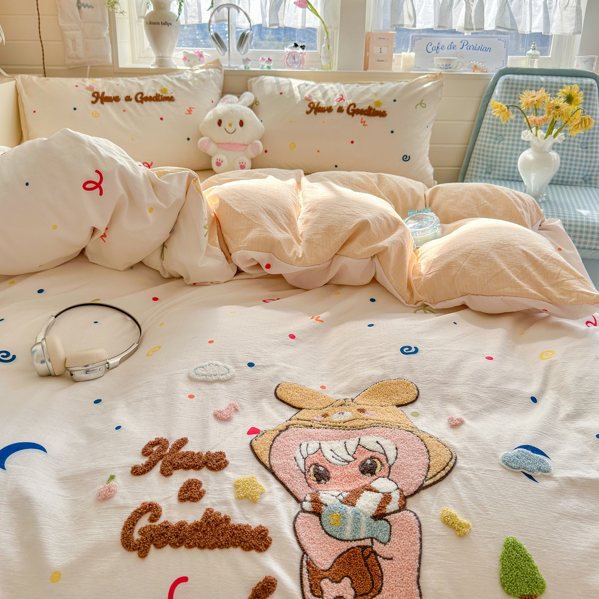 91家纺网 家纺一手货源 找家纺 王朝国际 2026爆款棉纱毛巾绣四件套 闪闪兔