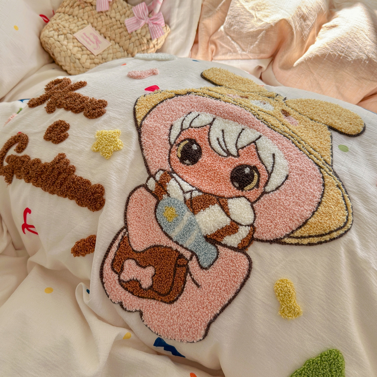 91家纺网 家纺一手货源 找家纺 王朝国际 2026爆款棉纱毛巾绣四件套 闪闪兔